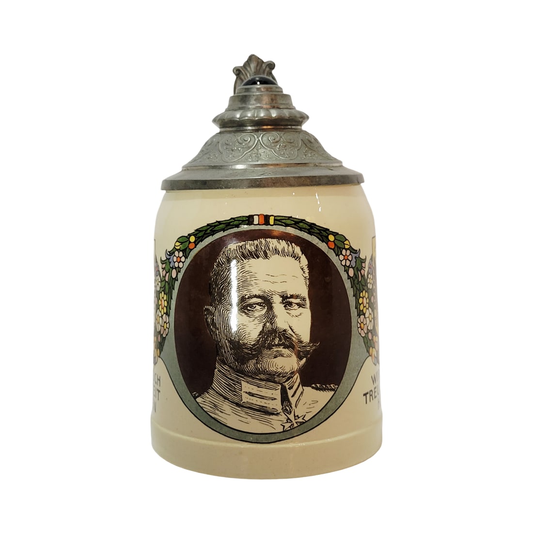 Villeroy & Boch Mettlach Stein #1526/1502, German Beer Stein, von Hindenburg: 1/2 Liter pottery print under glaze with jeweled engraved pewter lid, Text - We shall faithfully stick together, no matter what the times bring, circa 1915
