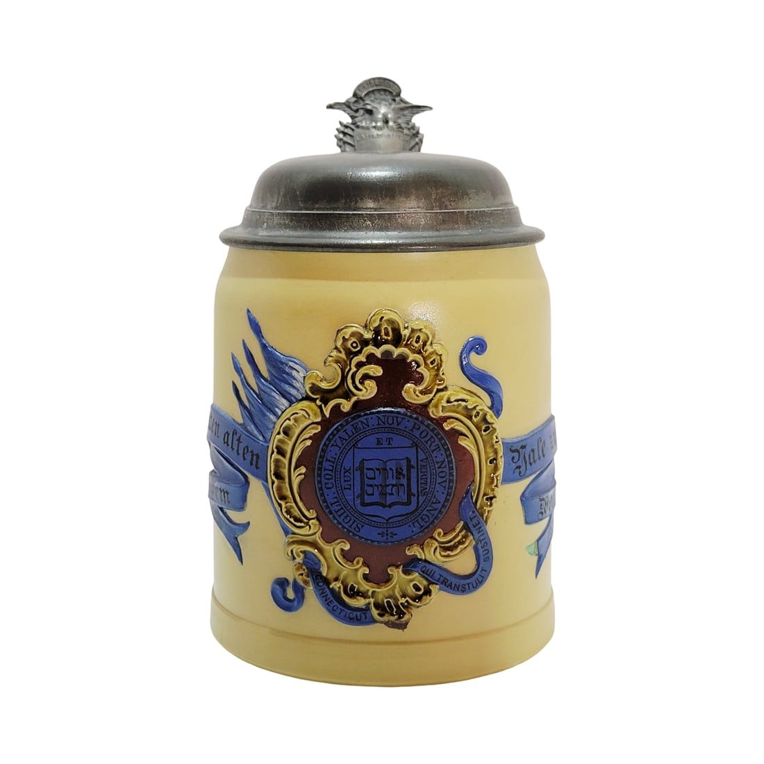 Villeroy & Boch Mettlach Stein #1526, German Beer Stein, Yale University Stein: 1/2 Liter pottery in glazed raised relief with pewter lid and nice thumblift, circa 1893