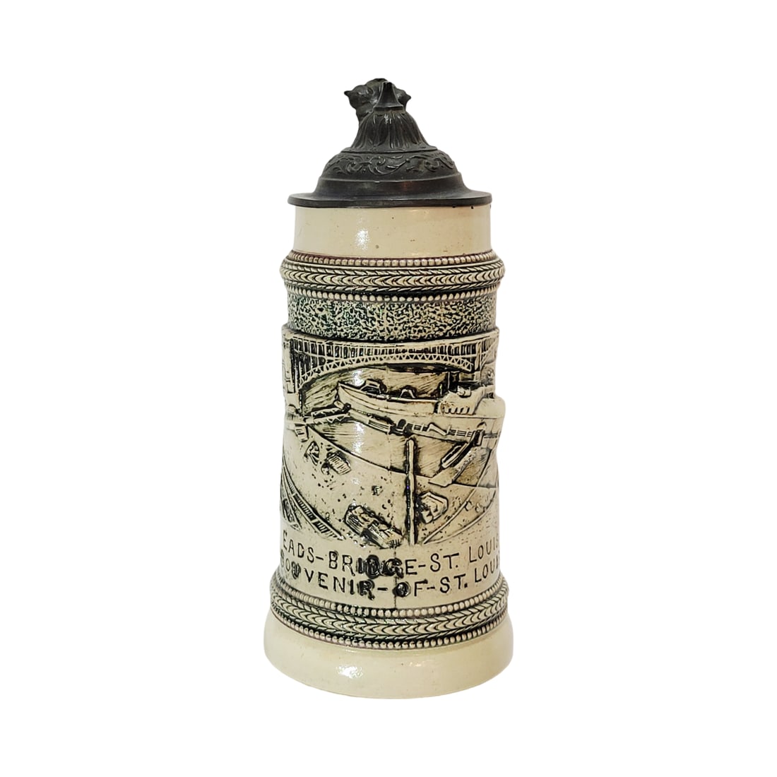 Adolf Diesinger #R59, German Beer Stein, St. Louis World?s Fair Souvenir: 1/2 Liter pottery in threaded relief with pewter lid, Text - Palace of Liberal Arts St. Louis Exposition 1904, circa 1904