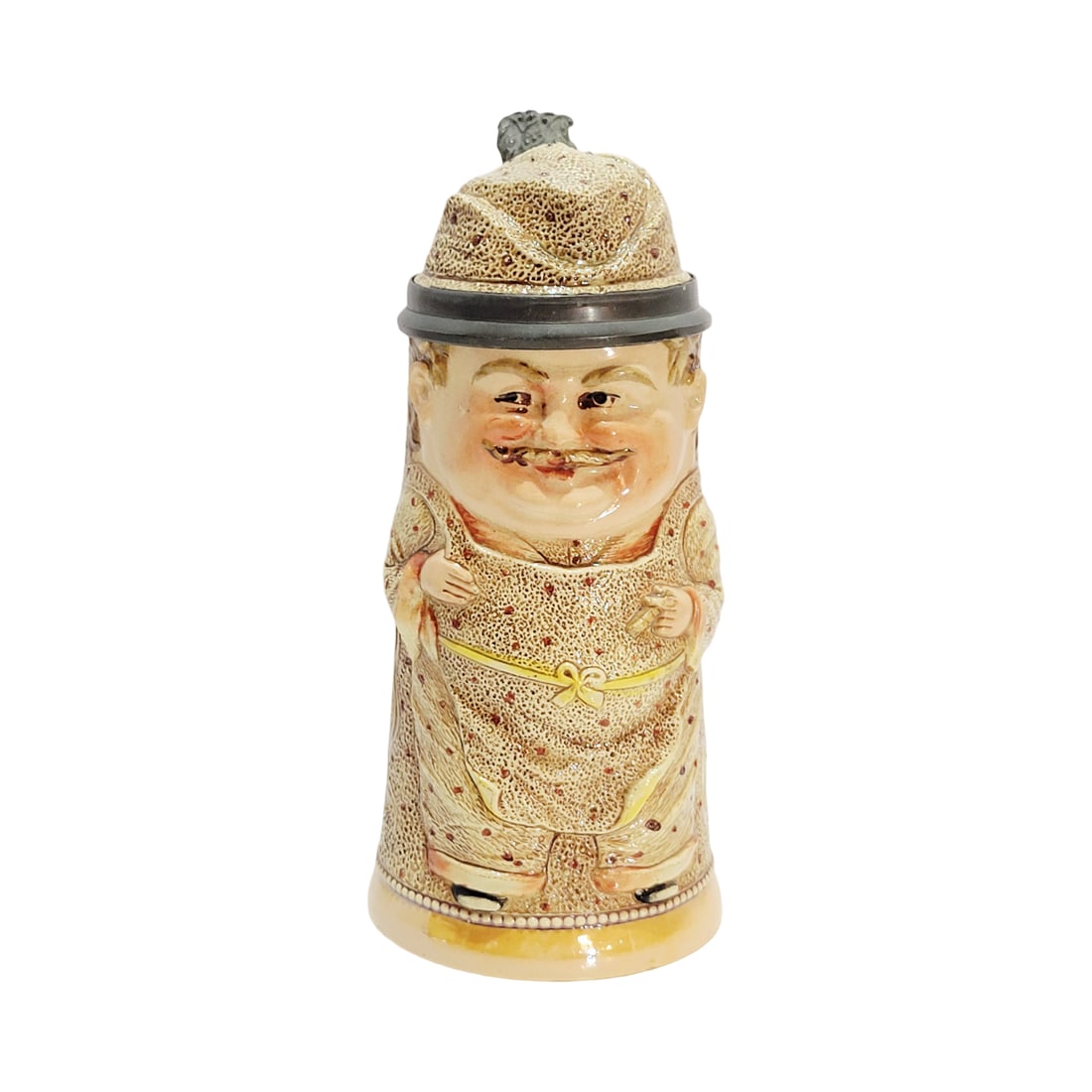 Adolf Diesinger #763, German Beer Stein, Man Wearing Apron: 1/2 Liter pottery in threaded relief with pottery figural lid, Text - steins do still invite us, let them not wave in vain, circa 1890's