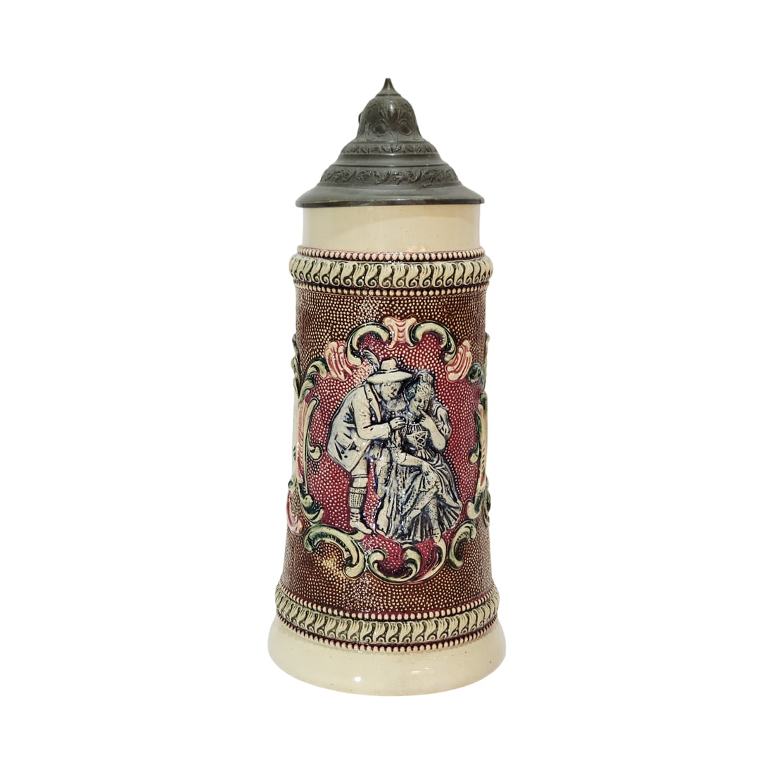 Adolf Diesinger #513, German Beer Stein, Courting Couple: 1.0 Liter pottery in raised threaded relief with nice pewter lid, Text - As the violet blooms in hiding, so always drink plenty and well, even if no one sees you. If the wife preaches when you go out,