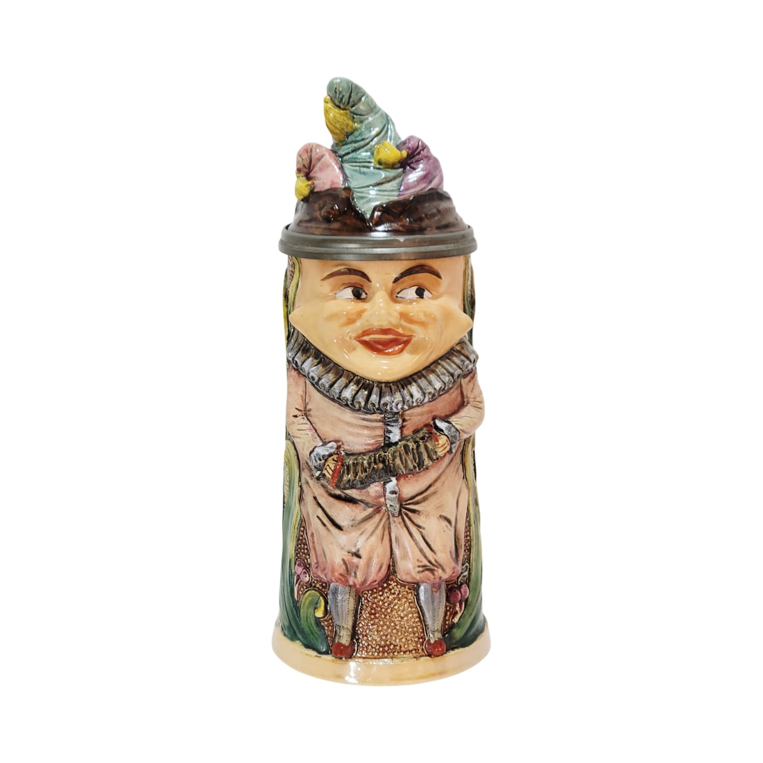 Adolf Diesinger #748, German Beer Stein, Jester with Concertina: 1/2 Liter pottery in raised relief with glazed figural lid, circa 1890's