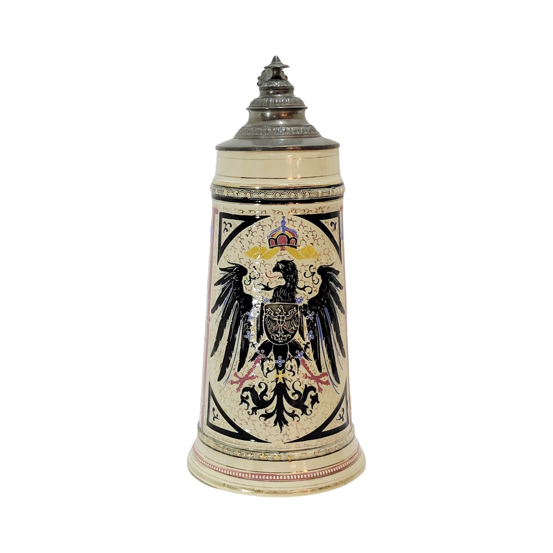 Adolf Diesinger #1306, German Beer Stein, German Imperial Eagle: 1.0 Liter pottery in threaded relief with nice pewter lid, circa early 1900