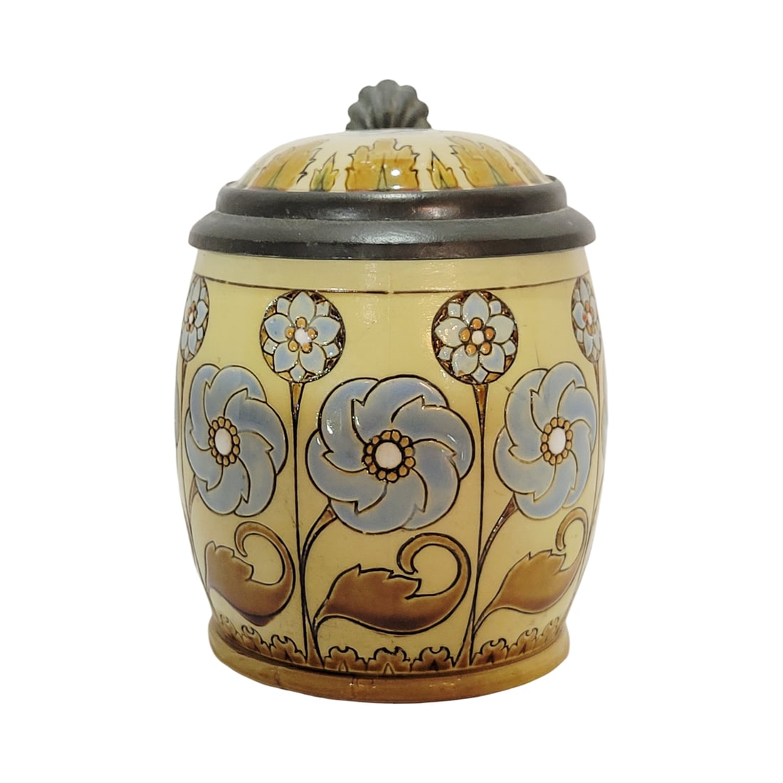 Villeroy & Boch Meetlach Stein #2099, German Beer Stein, Art Nouveau Floral Design: 3/10 Liter pottery etched with nice pottery etched inlay lid, tan color version, circa 1896