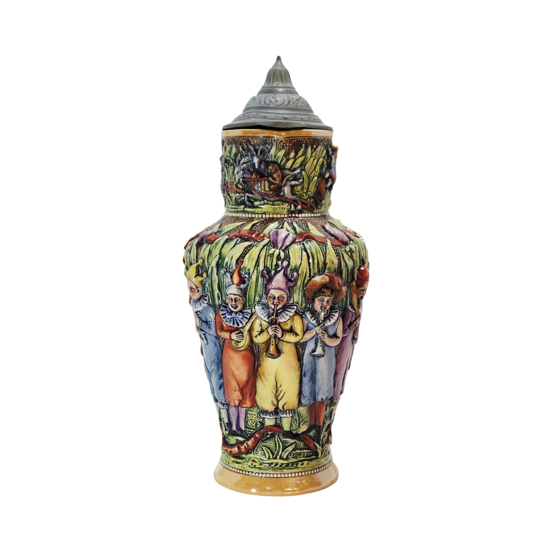 Adolf Diesinger #745, German Beer Stein, Clown Musicians: 2.5 Liter pottery in raised threaded relief in full color with pewter lid, Text - Song and love in fine togetherness maintain lifes youthful glow, circa 1890's