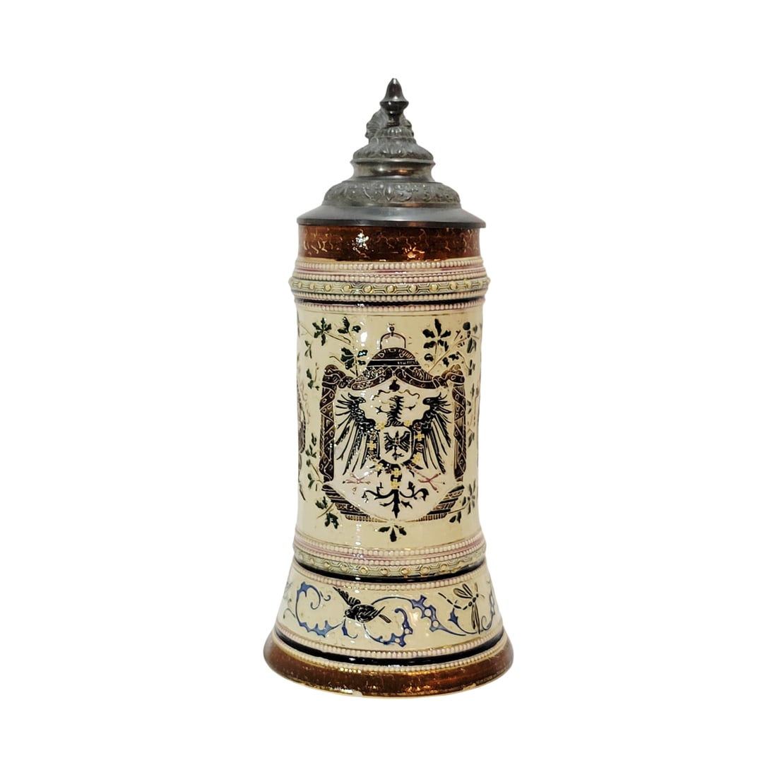 Adolf Diesinger #1404, German Beer Stein, German Imperial Eagle: 1/2 Liter pottery in threaded relief with nice pewter lid, Text - We Germans fear God, otherwise nothing in this world, circa early 1900