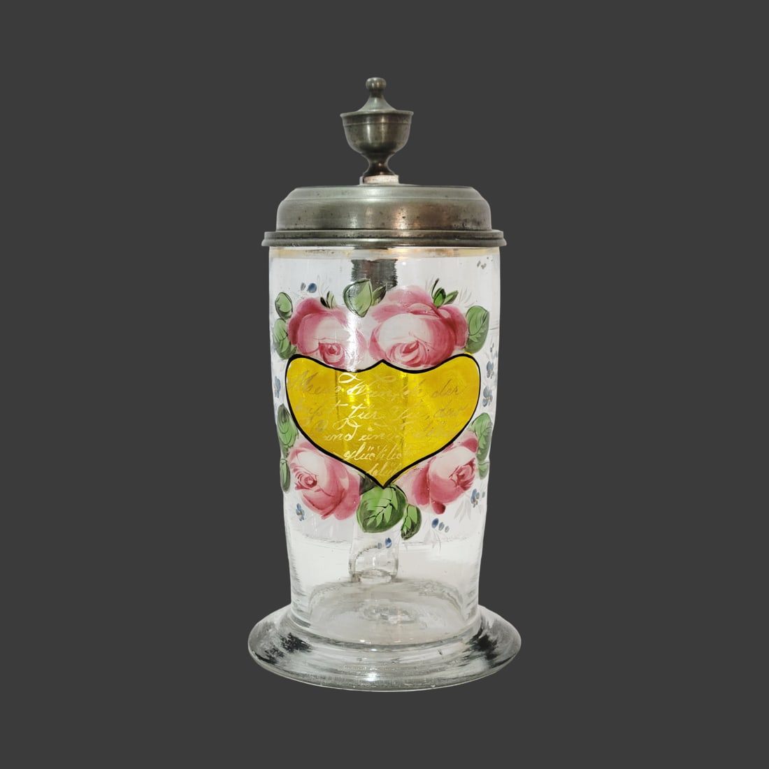 Biedermeier Pedestal Stein, Bohemian Beer Stein, Friendship Stein: 0.7 Liter blown colorless glass with bubbles and impurities, hand enameled florals and reverse enameling as well on tapered body with flared base, has nice pontil, nice engraved pewter lid dated 1841