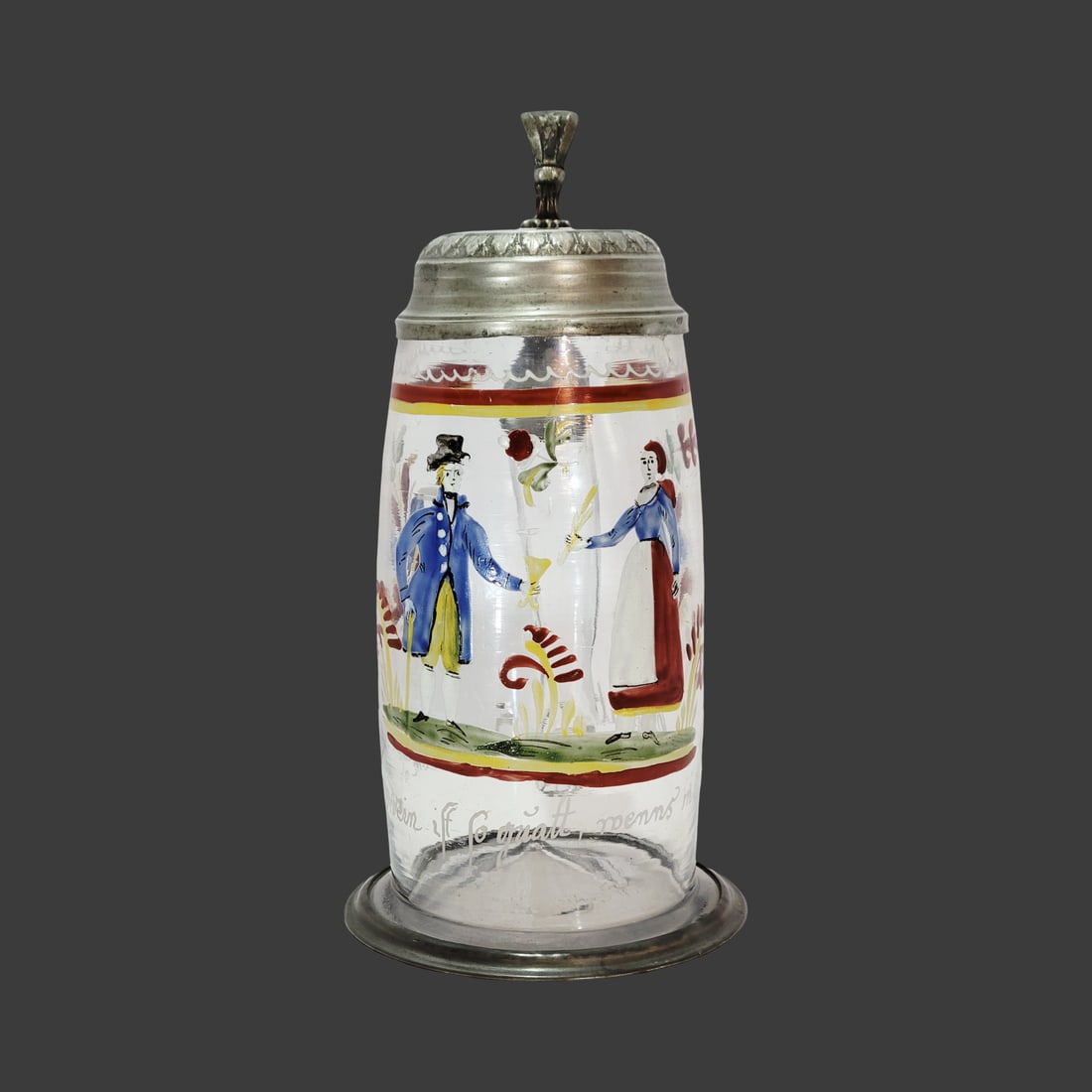 Biedermeier Conical Stein, Bohemian Beer Stein, Courting Couple: 0.75 Liter blown colorless glass with minimal bubbles and impurities, hand enameled horizontal top border consisting of white scalloping and red and yellow lines, hand enameled man and woman with flow