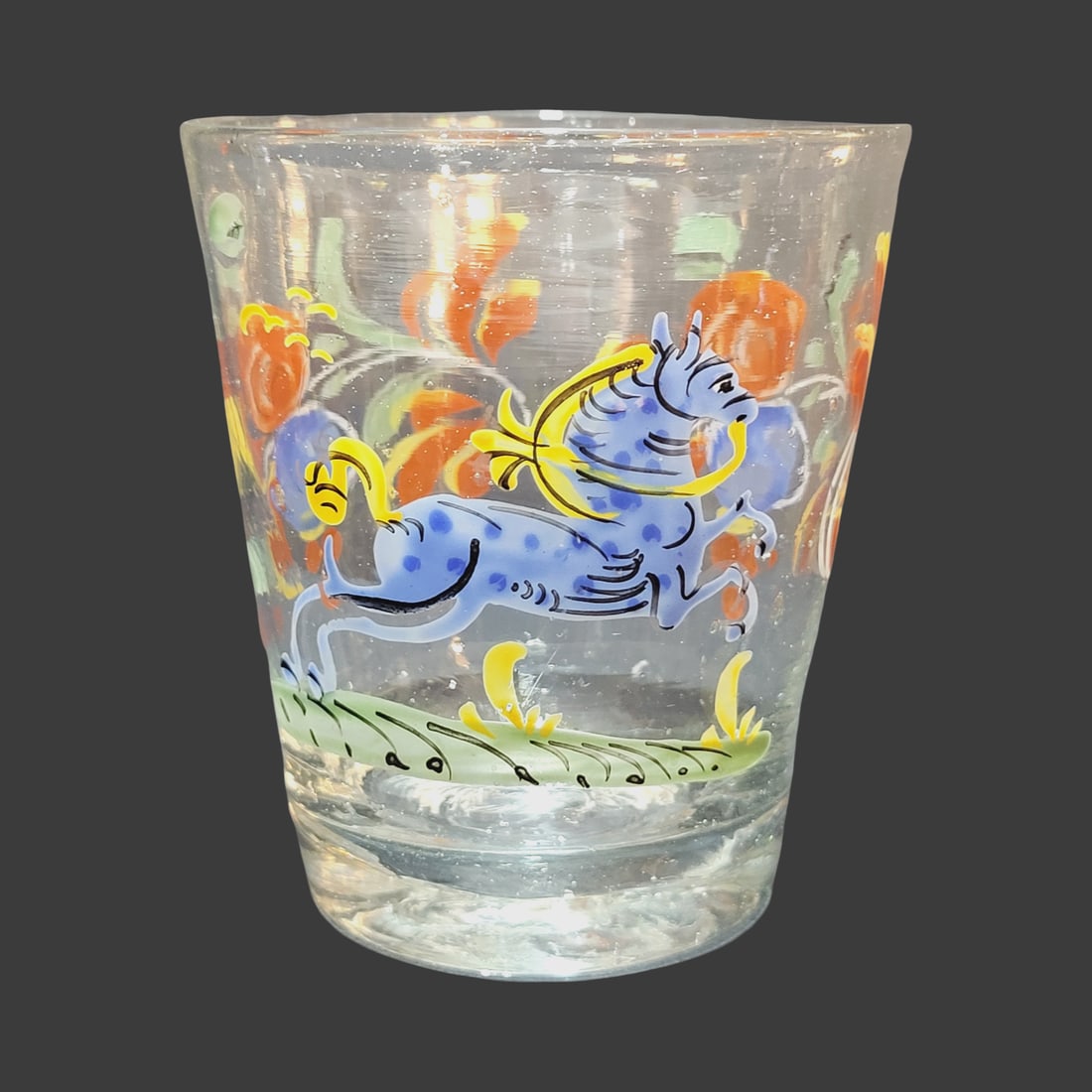 Biedermeier Period Beaker, Bohemian Beaker, Horse with Florals Beaker: 3 1/4" Tall by 3.0" Wide blown colorless glass with bubbles and impurities, very nice hand enameling with colorful florals and a blue horse, base has nice pontil, circa late 1700's
