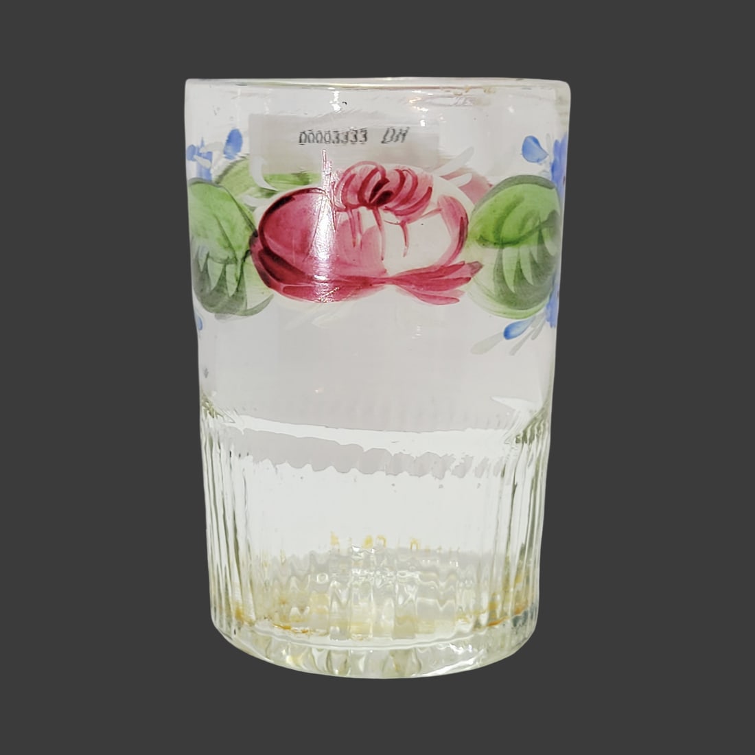 Biedermeier Period Beaker, Bohemian Beaker, Floral Beaker: 4 1/4" Tall by 2 7/8" Wide mold blown colorless glass with bubbles and impurities, hand enameled florals with reverse enameling as well, nice contouring last part of the beaker to the base with impres
