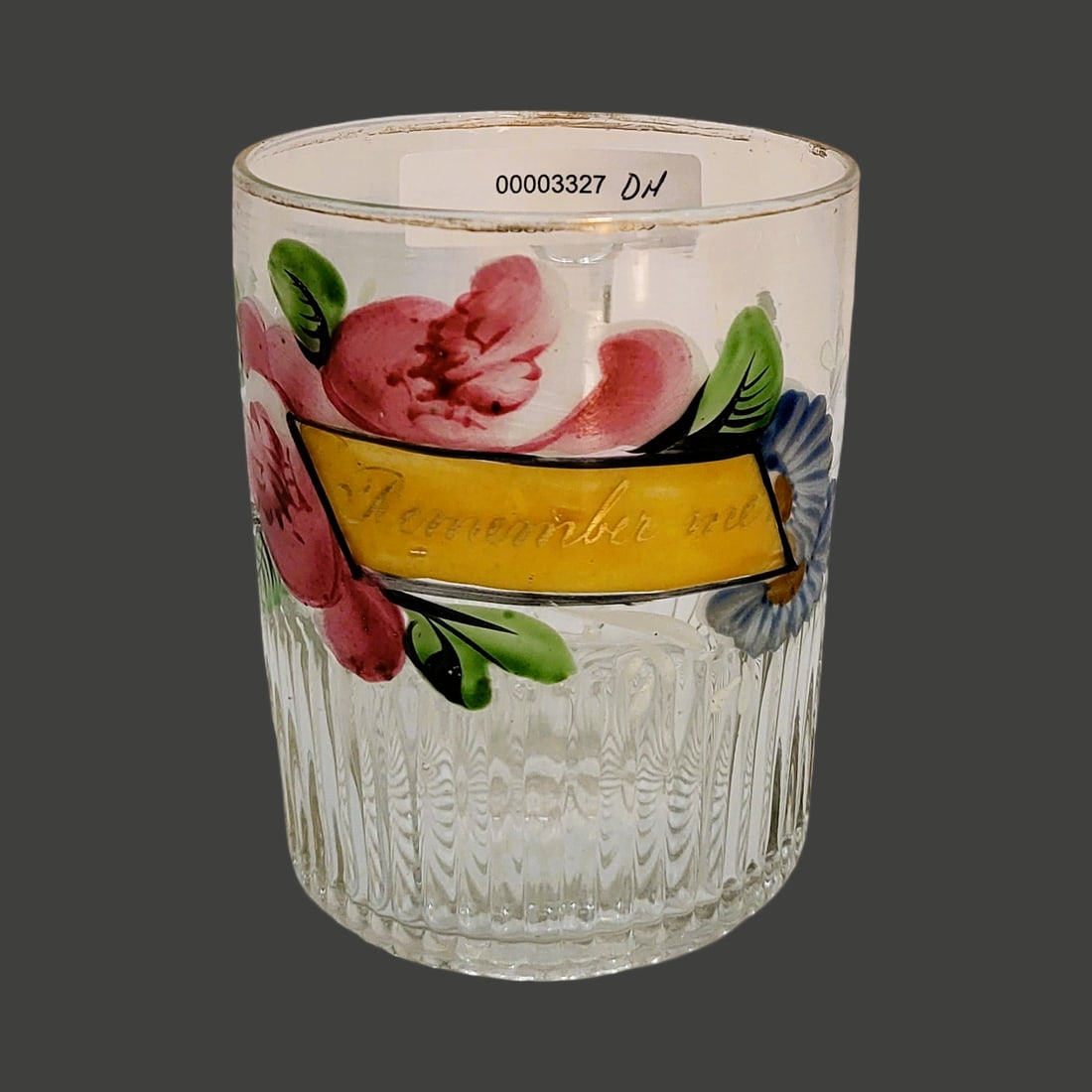 Biedermeier Period Cup, Bohemian Cup, Remembrance Cup: 3 1/2" Tall by 3.0" Wide mold blown colorless glass with impurities, hand enameled florals with reverse painting as well, nice base with partial pontil, circa late 1700's