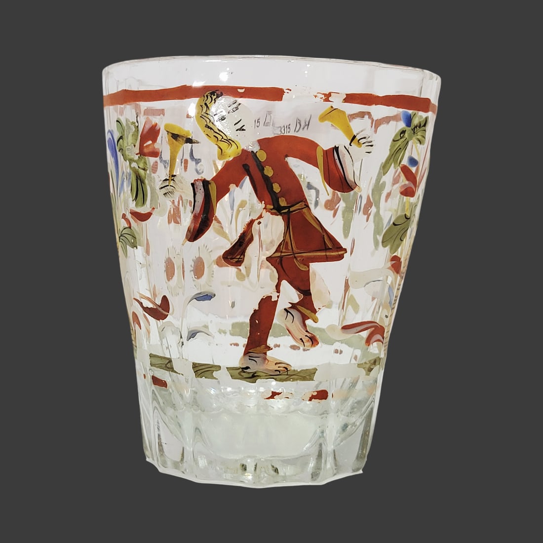 Biedermeier Period Beaker, Bohemian Beaker, Man Holding Vases: 3 1/2" Tall by 3.0" Wide mold blown colorless glass with impurities, colorful hand enameled florals and horizontal red line at the top, tapered glass with facets, base with pontil, circa late 1700's
