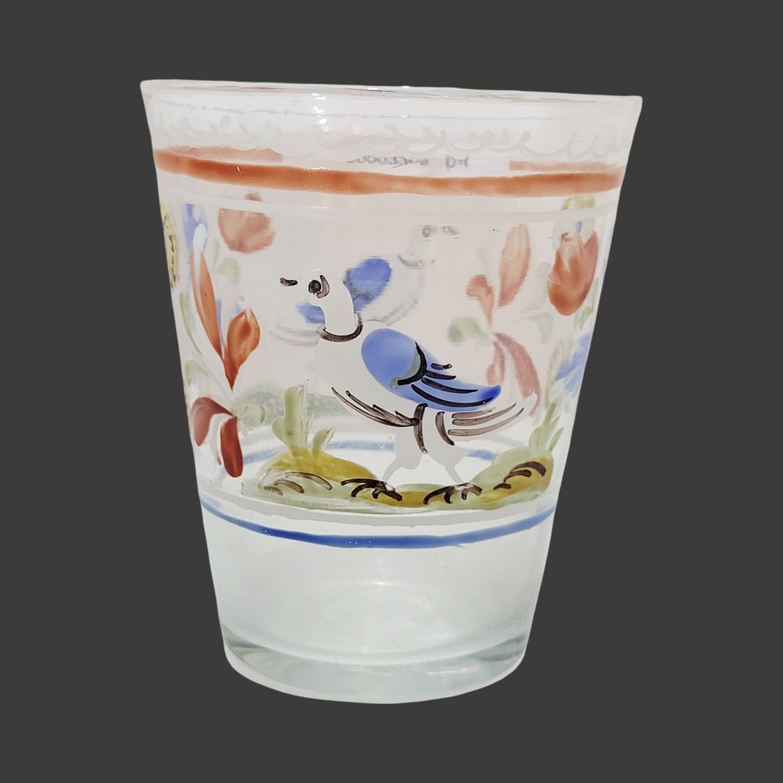 Biedermeier Period Beaker, Bohemian Beaker, Bird with Flowers: 3 3/4" Tall by 3 1/4" Wide hand blown colorless glass with bubbles and impurities, hand enameled florals and birds between horizontal lines, tapered body with nice pontil on base, circa mid 1700's