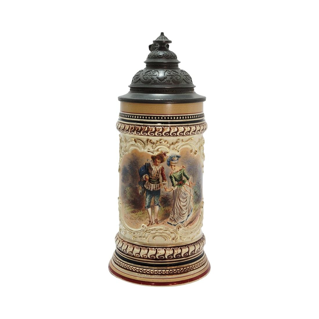 Marzi & Remy #174, German Beer Stein, Courting Couple: 1/2 Liter pottery in relief and hand embellished transfer, has very nice pewter lid, signed by Gustav Thinwibel, circa late 1880's