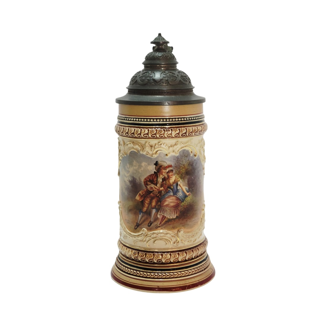Marzi & Remy #174, German Beer Stein, Courting Couple: 1/2 Liter pottery in relief and hand embellished transfer, has very nice pewter lid, signed by Gustav Thinwibel, circa late 1880's