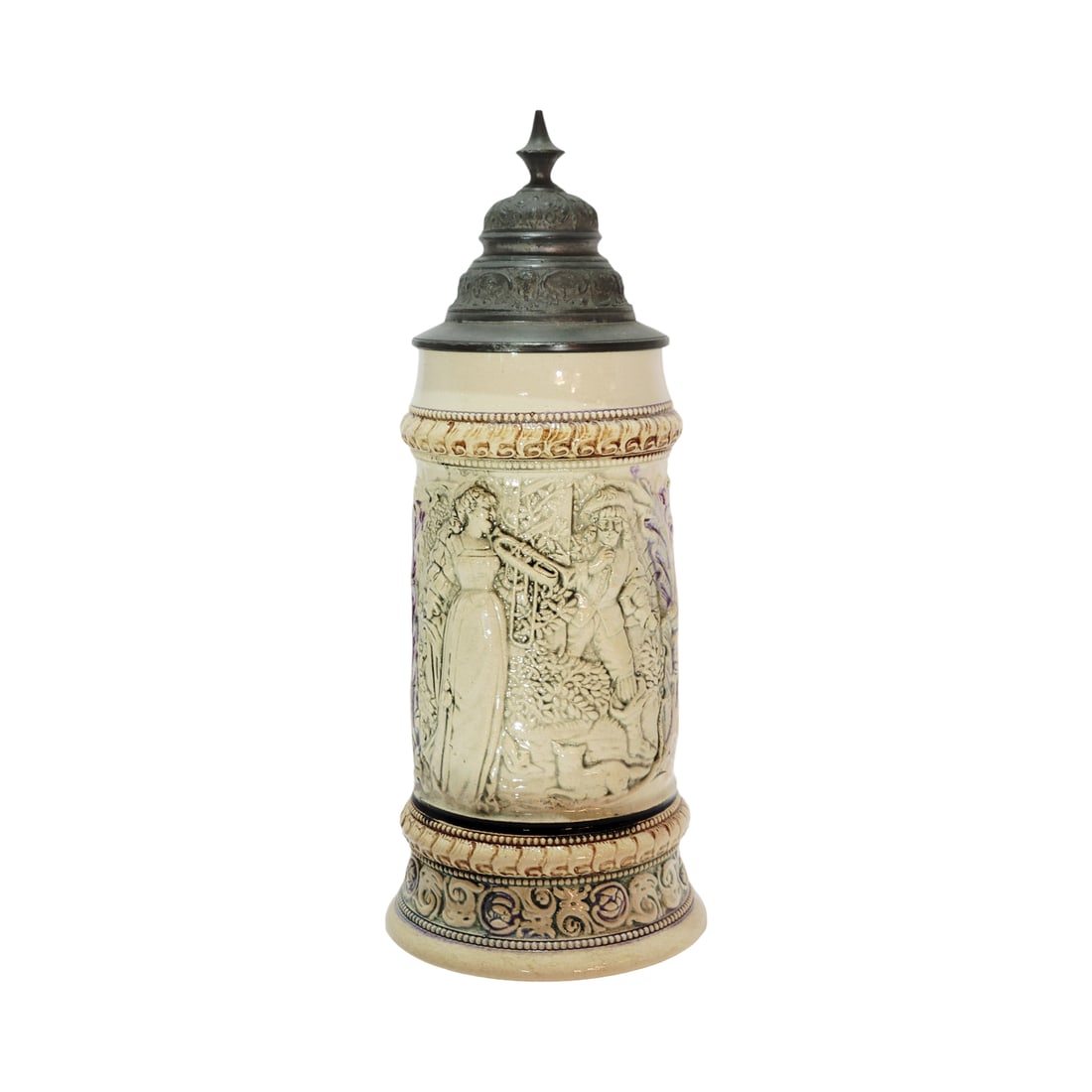 Adolf Diesinger #22, German Beer Stein, The Surprise: 1/2 Liter pottery in threaded relief with nice pewter lid, circa 1880's
