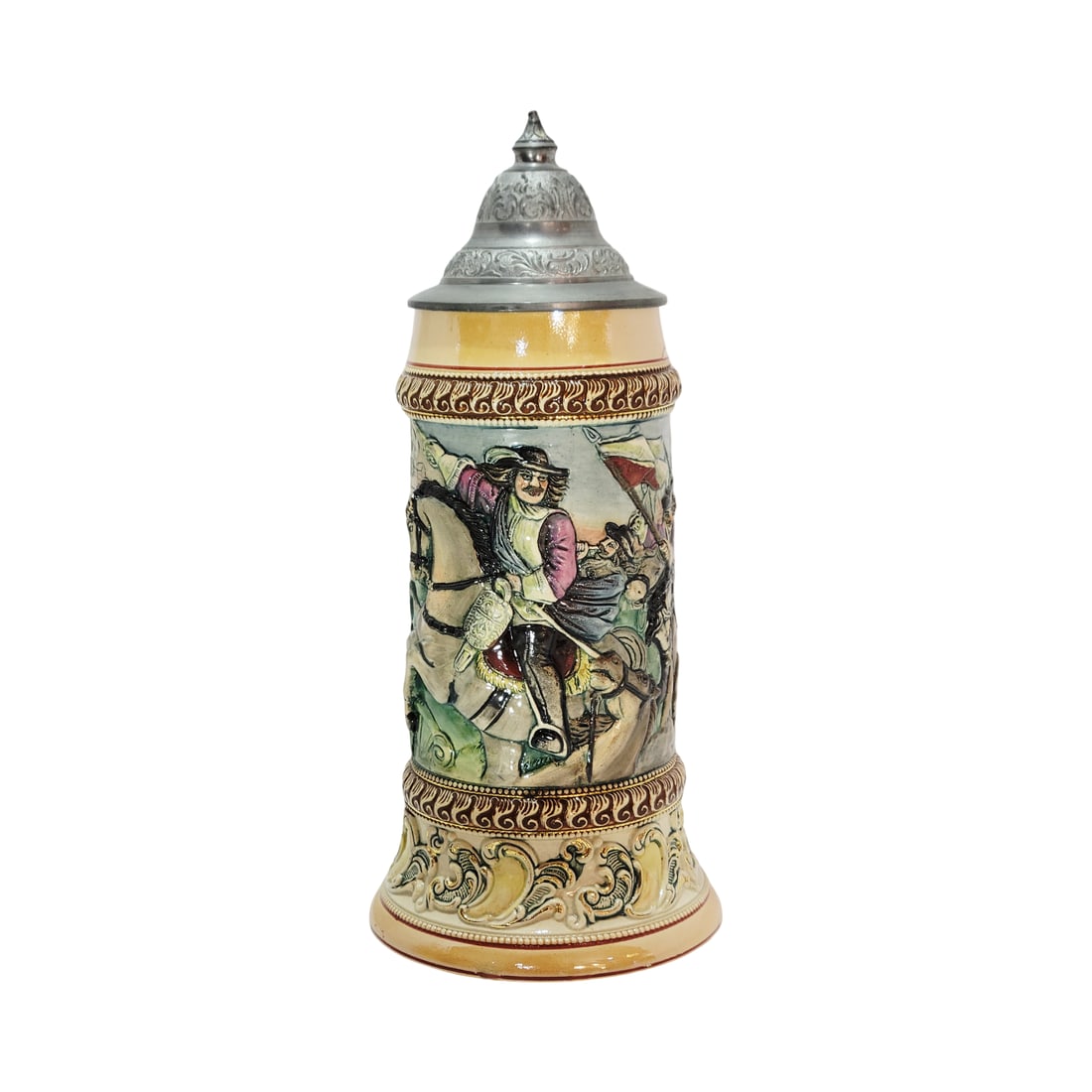 Adolf Diesinger #68, German Beer Stein, General Tilly: 1/2 Liter pottery in threaded raised relief in full color with pewter lid, circa 1880's