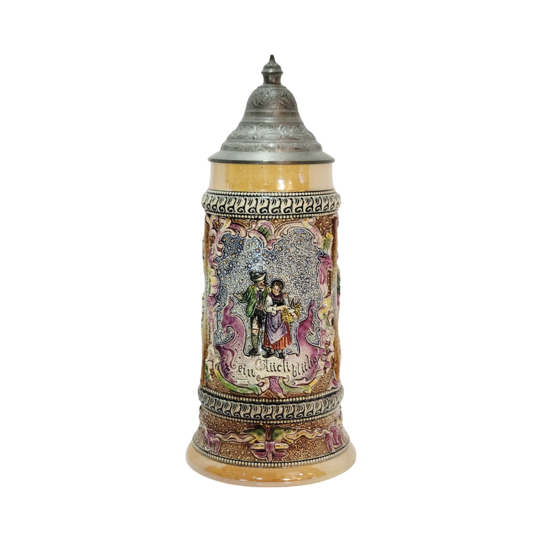 Adolf Diesinger #R38, German Beer Stein, Courting Couple: 1/2 Liter pottery in threaded raised relief in full color with pewter lid, circa 1890's