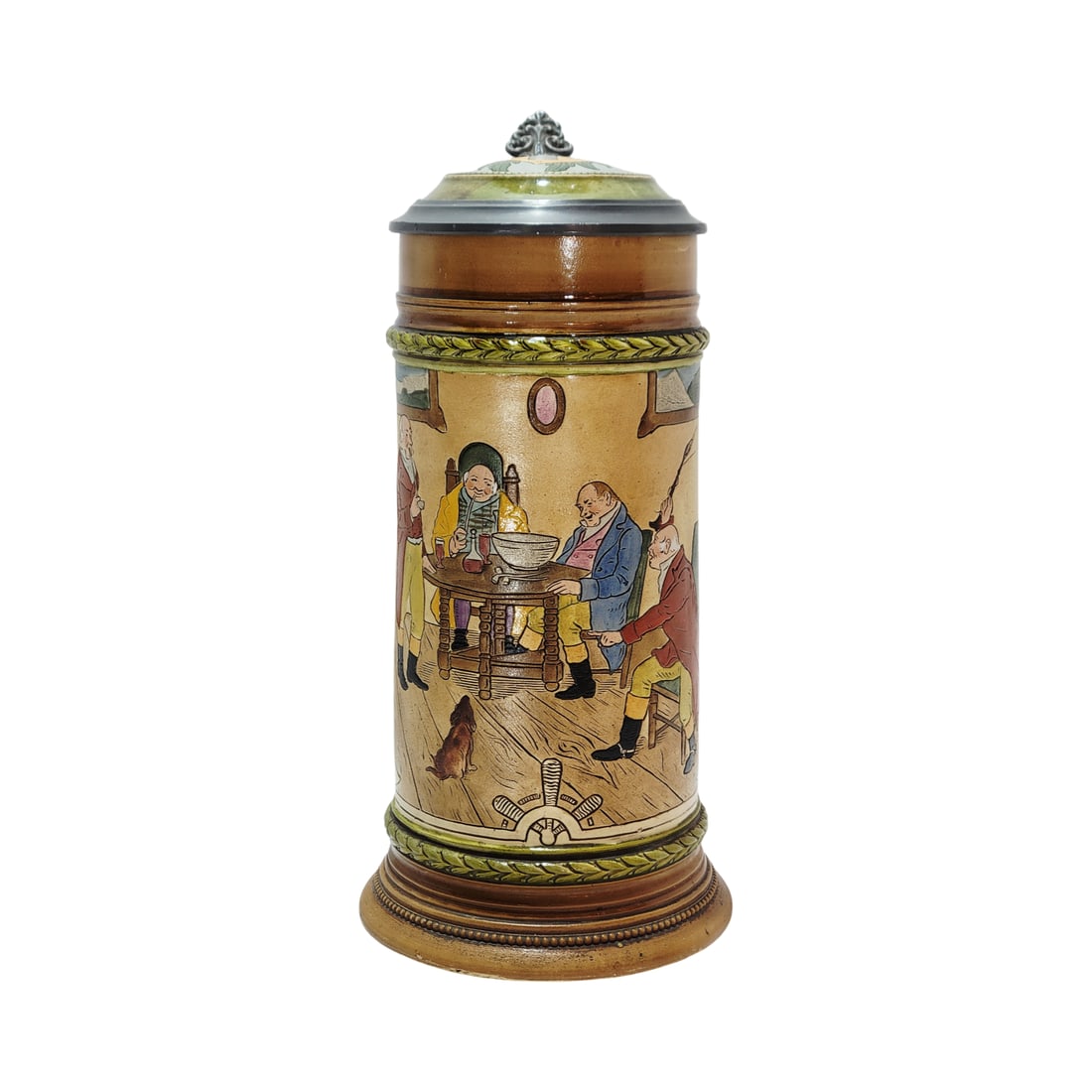 Reinhold Hanke #1651, German Beer Stein, Town Council Meeting: 1.0 Liter pottery etched with pottery etched inlay lid, Text - Drink me down and pour me out, that my heart may be gladdened, circa early 1900
