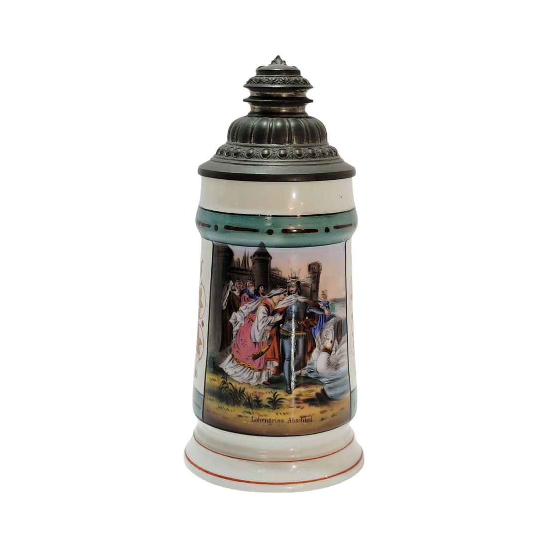 Porcelain Stein, German Beer Stein, Lohengrin's Abschied: 1/2 Liter porcelain hand embellished transfer with fancy pewter lid and very nice lithophane depicting a woman and her child, circa 1890's