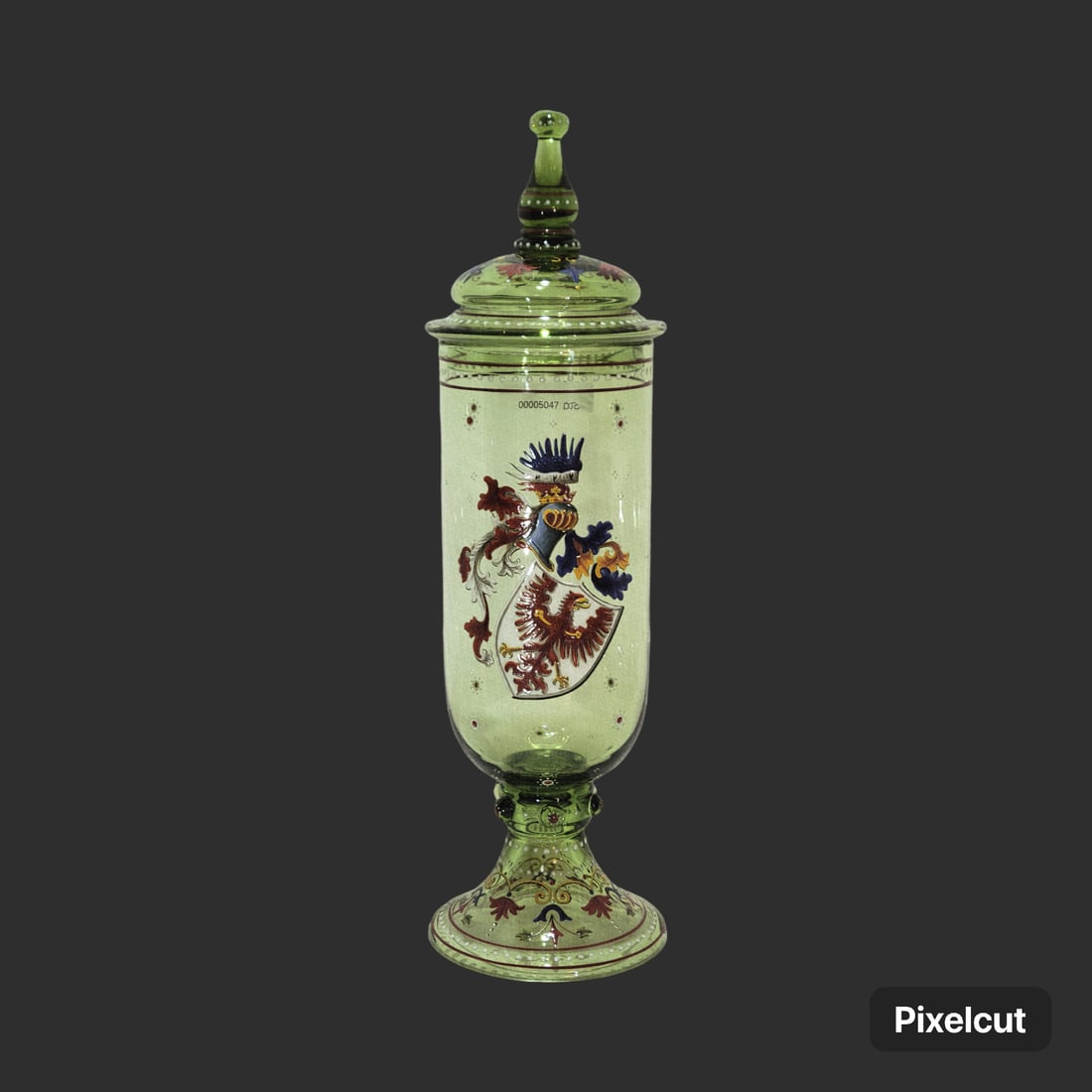 Pokal, Bohemian Pokal, Armorial Pokal: 14.0" Tall by 4 1/4" Wide blown green glass, conical bowl shows hand enameling with white dots between 2 horizontal red lines, hand enameled crest with eagle shield and mosaic flowers, has applied fla