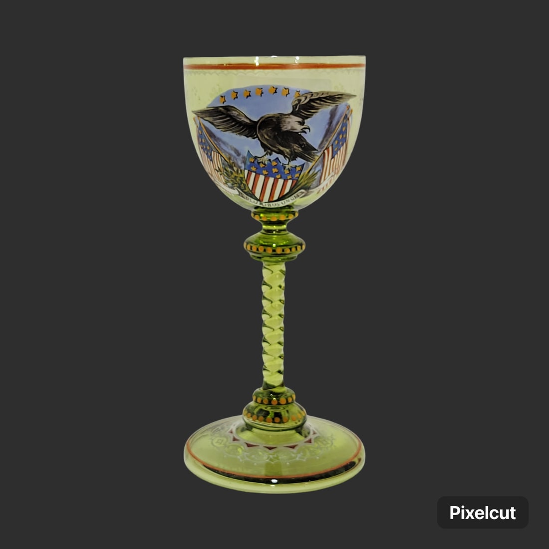 J.L. Lobmeyer Wine Glass, Bohemian Wine Glass, Patriotic Wine Glass: 6 5/8" Tall by 2 7/8" Wide blown light green glass, bowl is hand enameled with horizontal red line with white drapery below the rim, beautifully hand enameled eagle with flags and shield, multiple mos