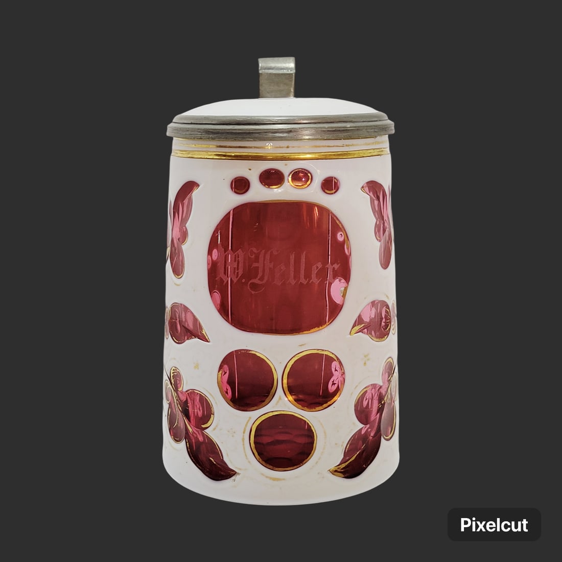 Glass Stein, Bohemian Beer Stein, Double Overlay Stein: 1/2 Liter blown white over ruby over clear colorless glass, very nice gilded wheel floral decorations on the side of the conical body with 3 round cut circles under a large oval cut with engraved name