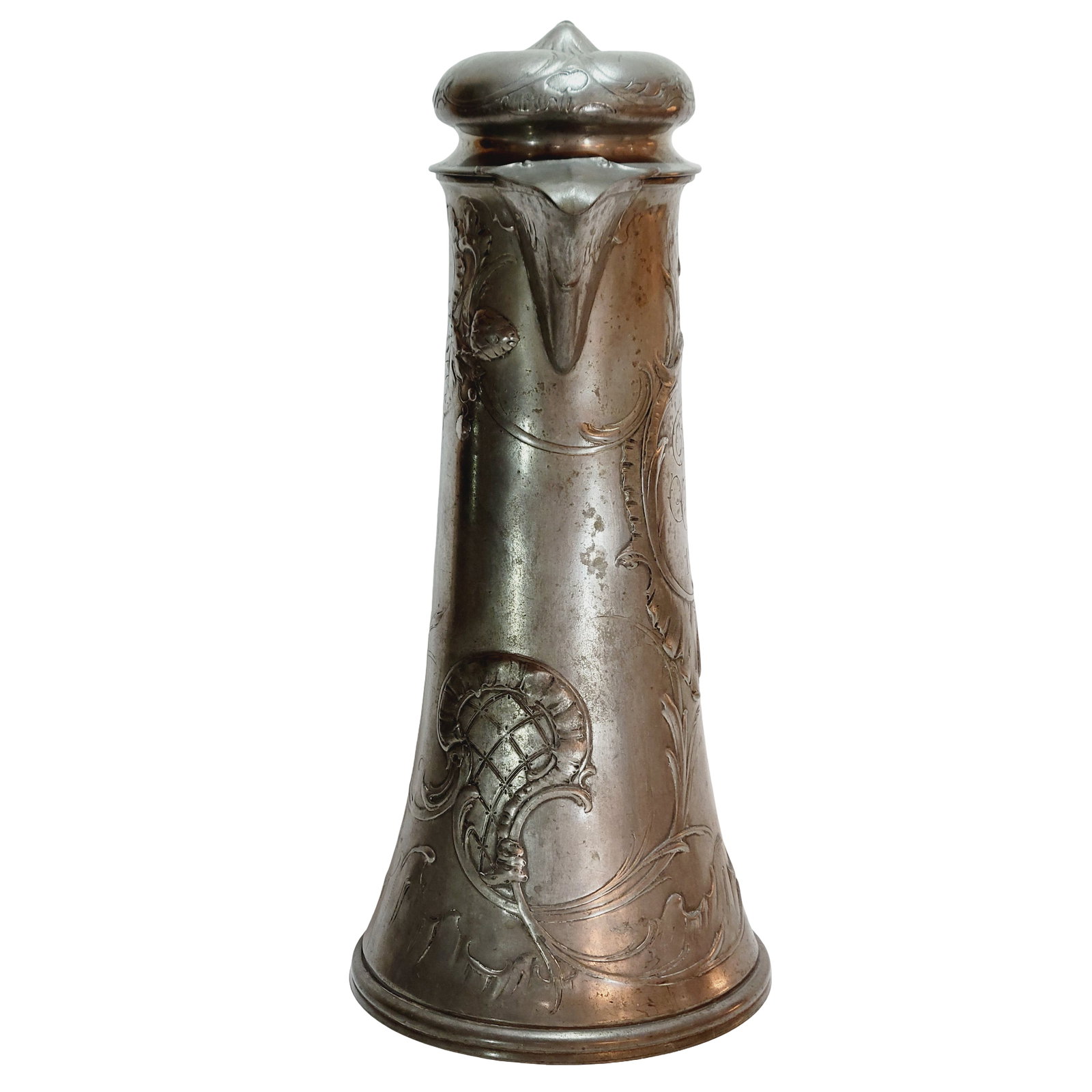 Kayserzinn Pewter Pitcher #4009, German Beer Stein, Presentation Wine Pitcher: 3.0 Liter Kayserzinn pewter in raised relief art nouveau motif with scrollwork barley and vines. Very nice art nouveau pewter lid with barley thumblift, Text - Honored to the Officer Corps by Abbes,