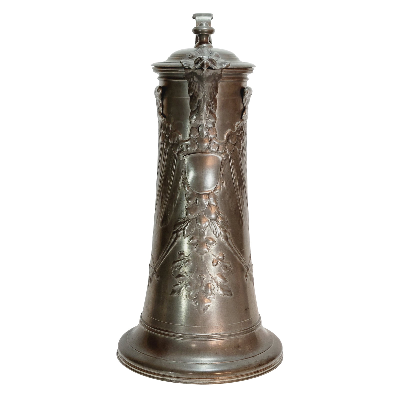 Kayserzinn Pewter Pitcher #4015, German Beer Stein, German Imperial Eagle Wine Pitcher: 2.0 Liter Kayserzinn pewter in relief with imperial eagle in relief, conical body with flared base, pewter lid with eagle spout, very nice piece, circa late 1800's