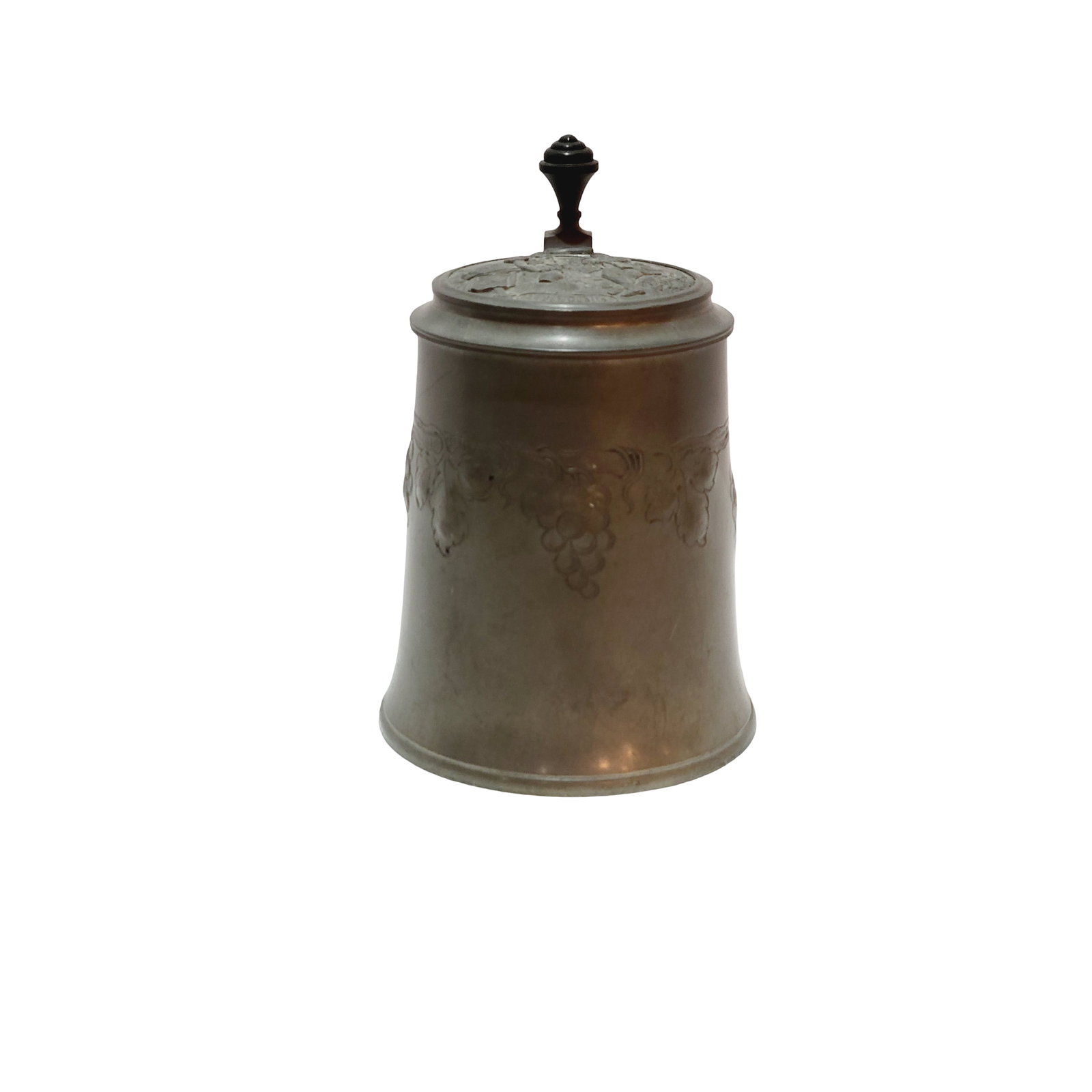 Pewter Stein, German Beer Stein, Grapevine Stein: 0.4 Liter pewter with conical body to a flared base, horizontal row of grapevines etched and in relief, has a very detailed pewter lid, Text - At the source, circa late 1800's