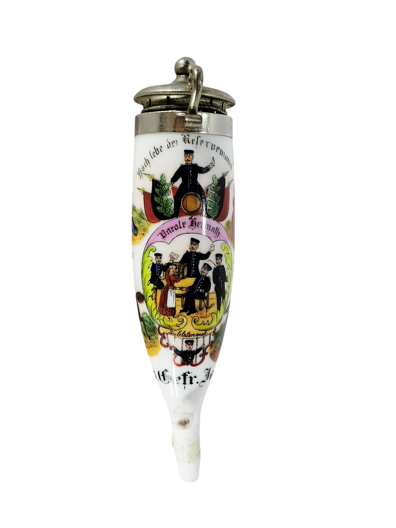 Regimental Pipe Bowl, German Regimental Pipe Bowl, 16 Armee Corps - Metz 1899-1901: 7.0" Tall porcelain hand embellished transfer with nice silver plated lid, 5 panel scenes and full rooster, owner - Res. Gefr, Jacob, decorated by W.P. Kipper, circa 1901