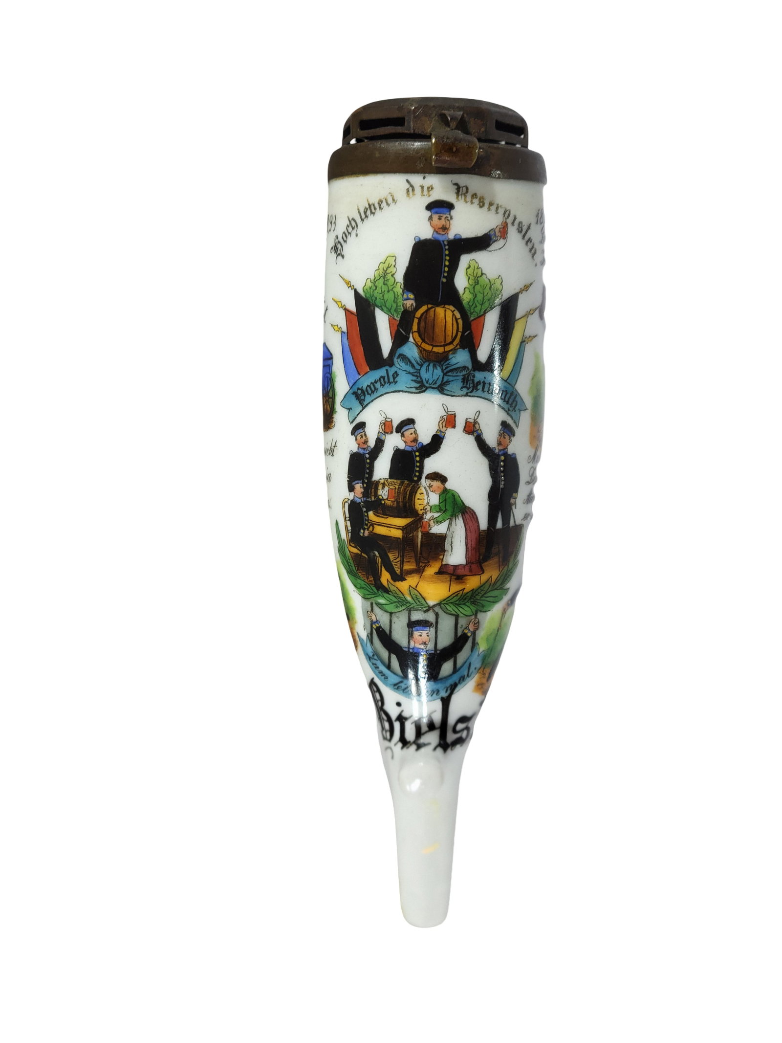 Regimental Pipe Bowl, German Regimental Pipe Bowl, 3.Comp.Hannover Train Batl. NR.20 1893-1894: 6.0" Tall porcelain hand embellished transfer with brass lid, rare and hard to find train battalion, owner - A. Bielstein, Text - The train is high honored, in war he brings the bacon. There is no vic