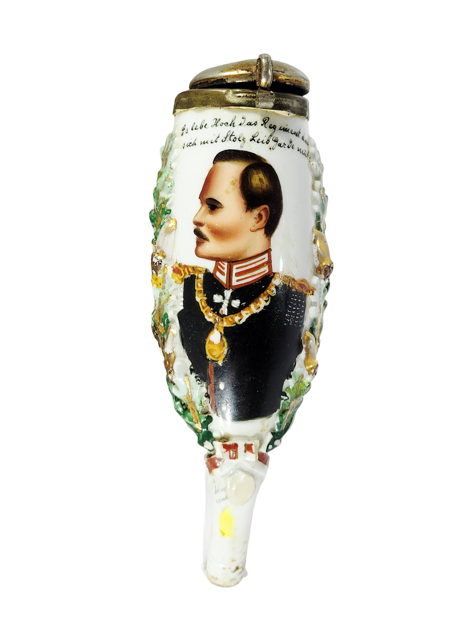 Regimental Pipe Bowl, German Regimental Pipe Bowl, 1. Grossherzog Hess Inft.Leibgarde Rgt. Nr.115: 6.0" Tall porcelain hand embellished transfer in relief with silver plated lid, owner Gard Gilbert, face features Ernst Ludwig Grand Duke of Hessen, circa 1894