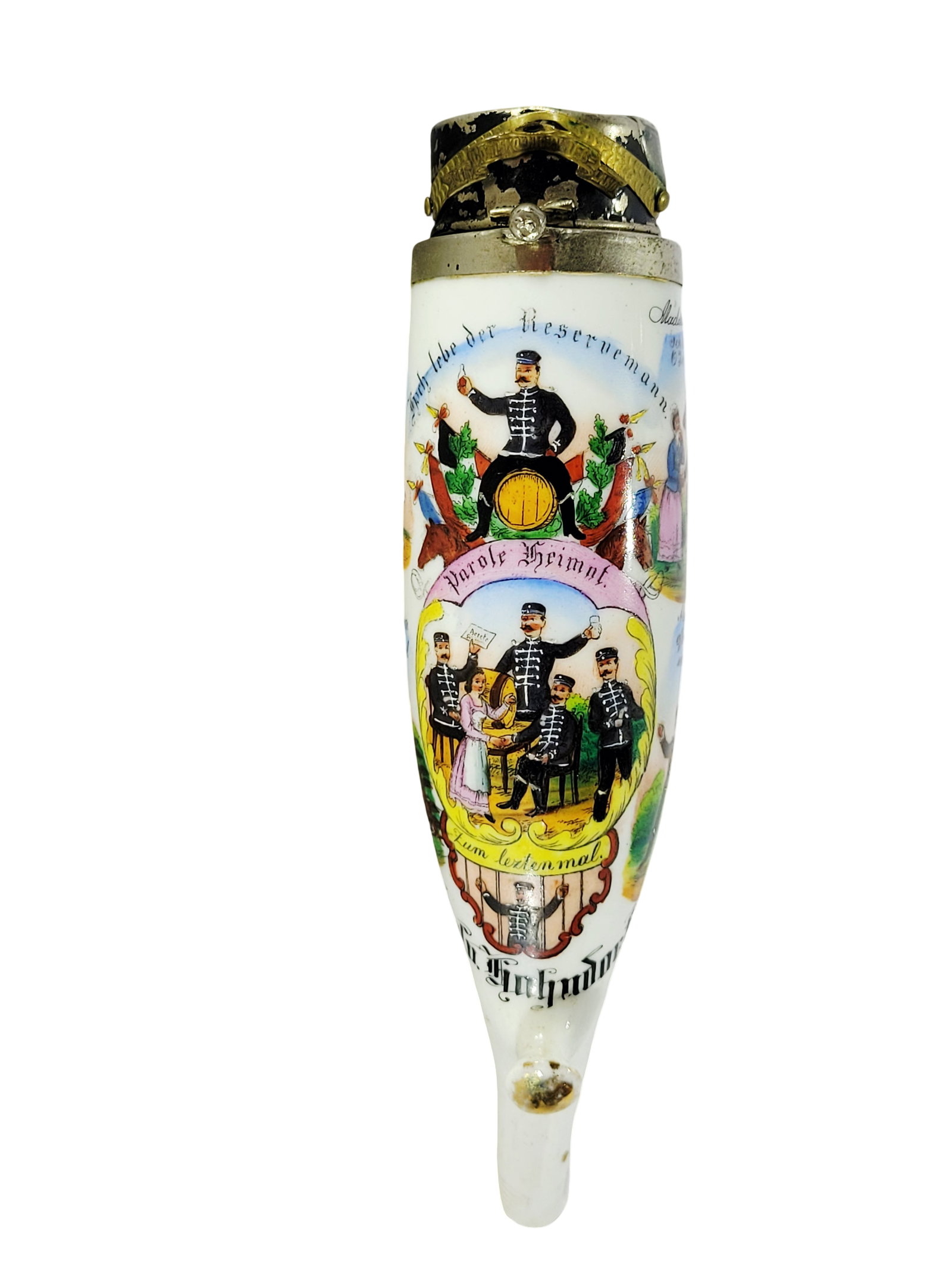 Regimental Pipe Bowl, German Regimental Pipe Bowl, 4.ESK.Kaiser Nicolaus von Russland 1.Westf.Nr.8: 7.0" Tall porcelain hand embellished transfer 5 panel scenes with full roster and nice pewter hat lid, owner - Husar Hahndorf, decorated by G. Sommerich of Munster, circa 1903