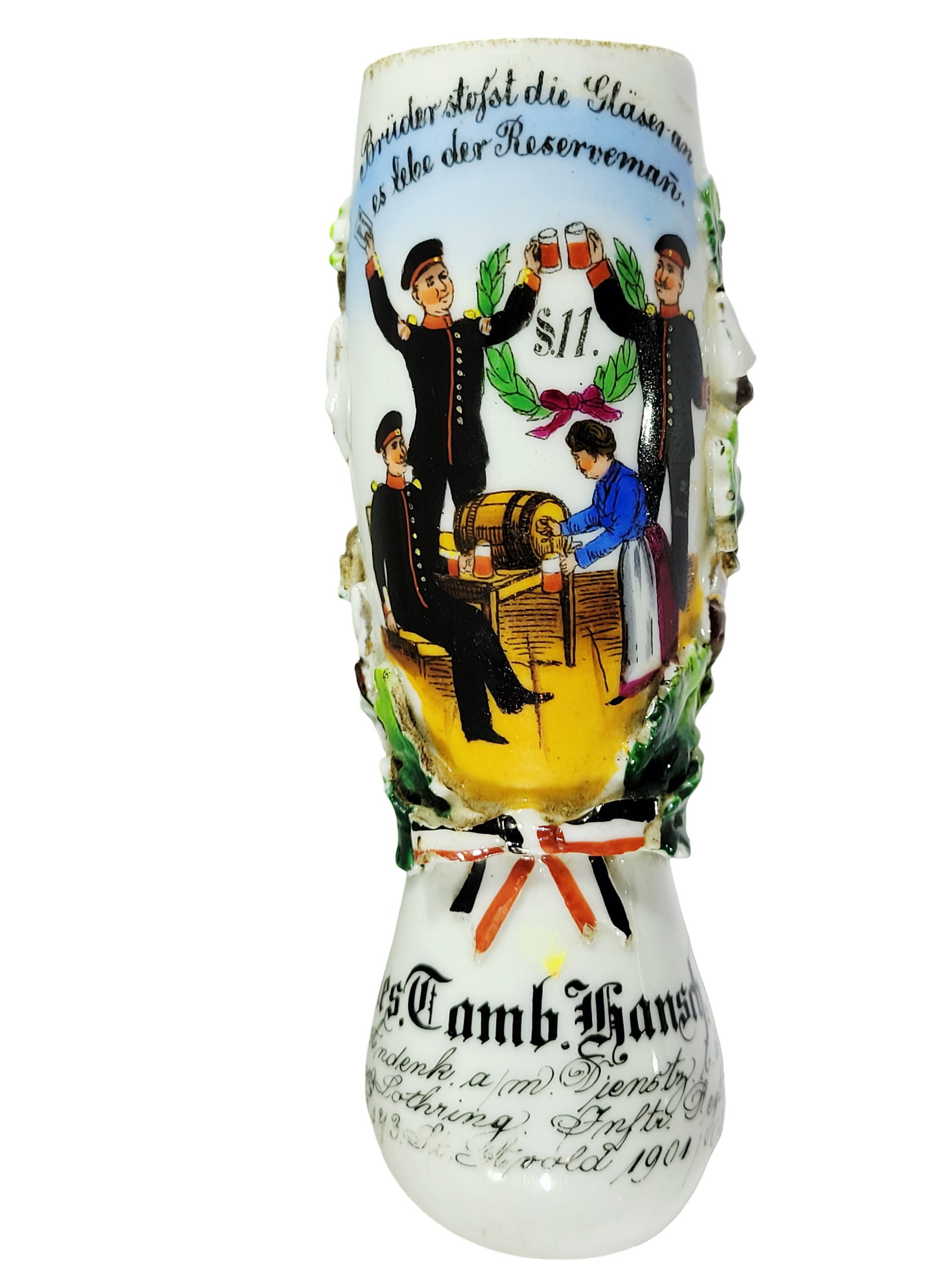 Regimental Pipe Bowl, German Regimental Pipe Bowl, 3.Comp.Lothringen Inft.Rgt. No.173 St. Avold: 4 1/2" Tall porcelain hand painted transfer in relief, owner - Res. Tamb. Hansch, circa 1903