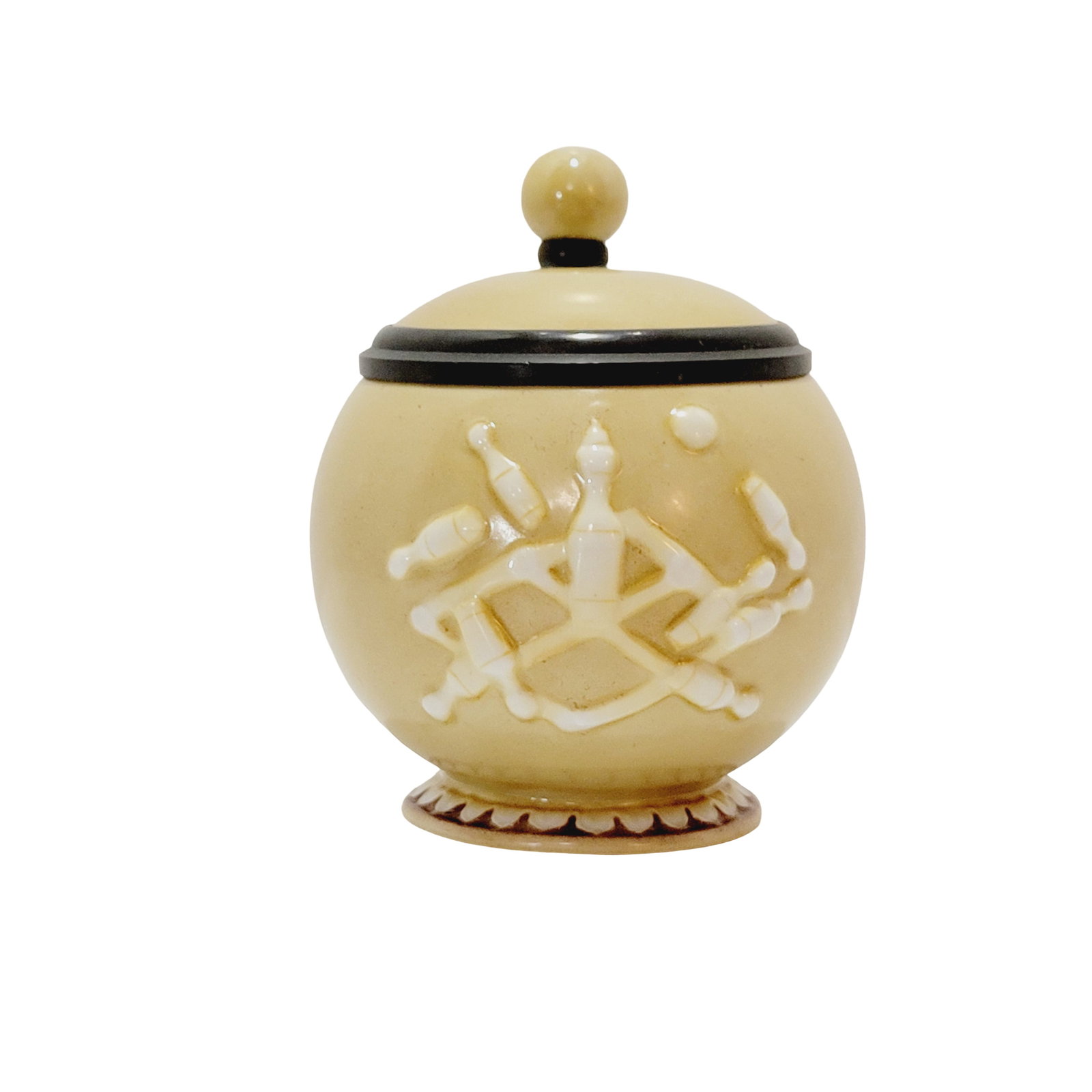 Schierholz & Sohn #4, German Character Stein, Bowling Ball: 1/2 Liter porcelain hand painted light tan version with porcelain hand painted lid, circa 1890's