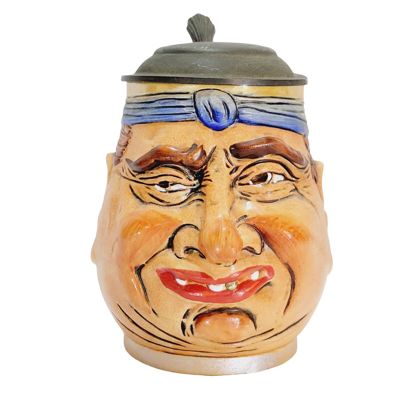 Eckert & Engler #432, German Character Stein, Man with Blue Head Band: 1/2 Liter pottery hand painted with pewter lid, circa 1950's