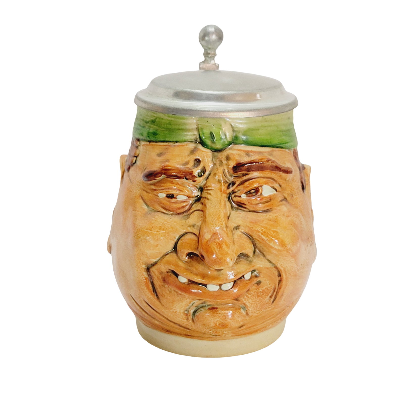 German Stein, German Character Stein, Man with Green Head Band: 1/2 Liter pottery hand painted with pewter lid, circa 1970's