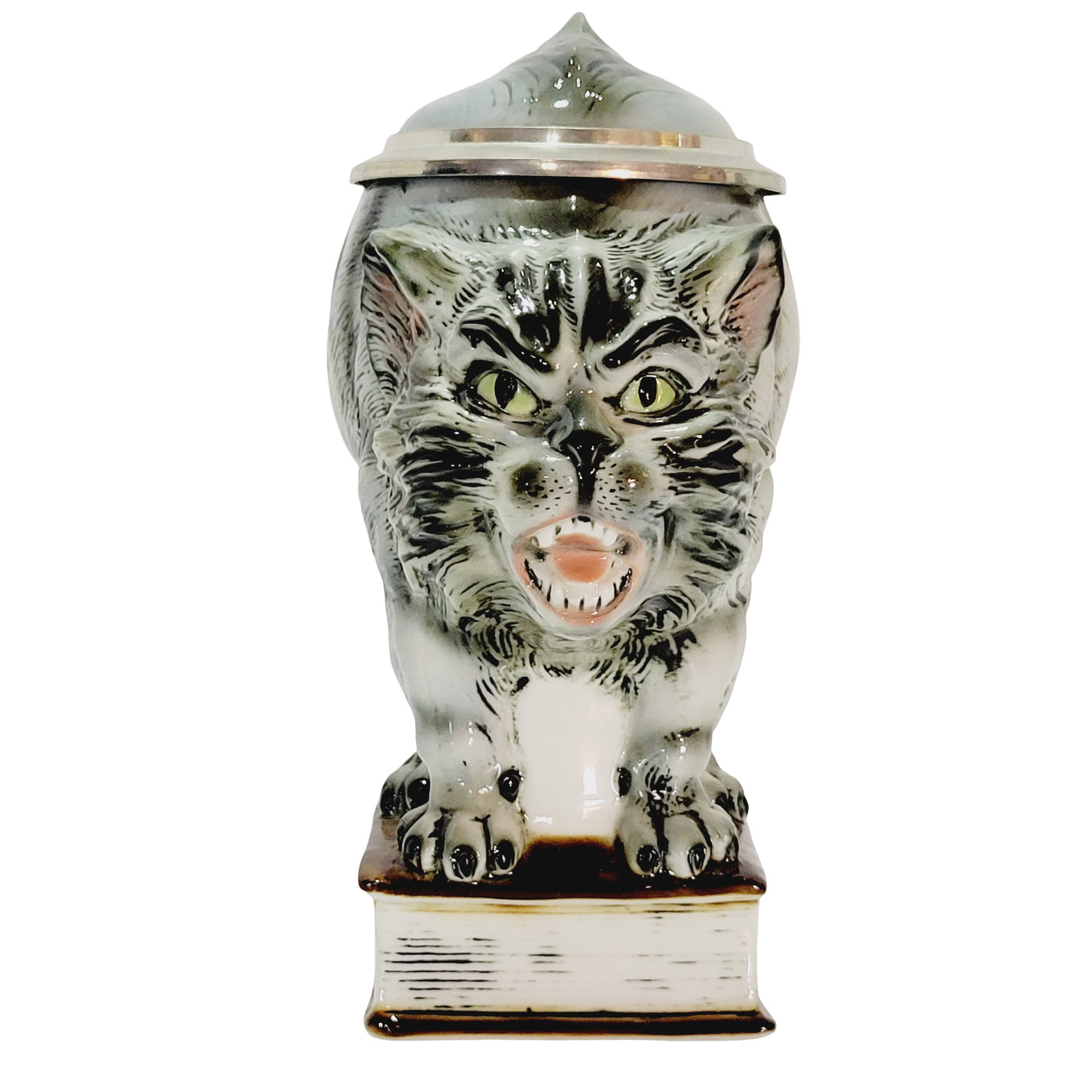 Stahl-PKT #574, German Character Beer Stein, Tomcat: 1/2 Liter porcelain hand painted with figural porcelain lid, Text - Let us rejoice while we are young, circa 1990
