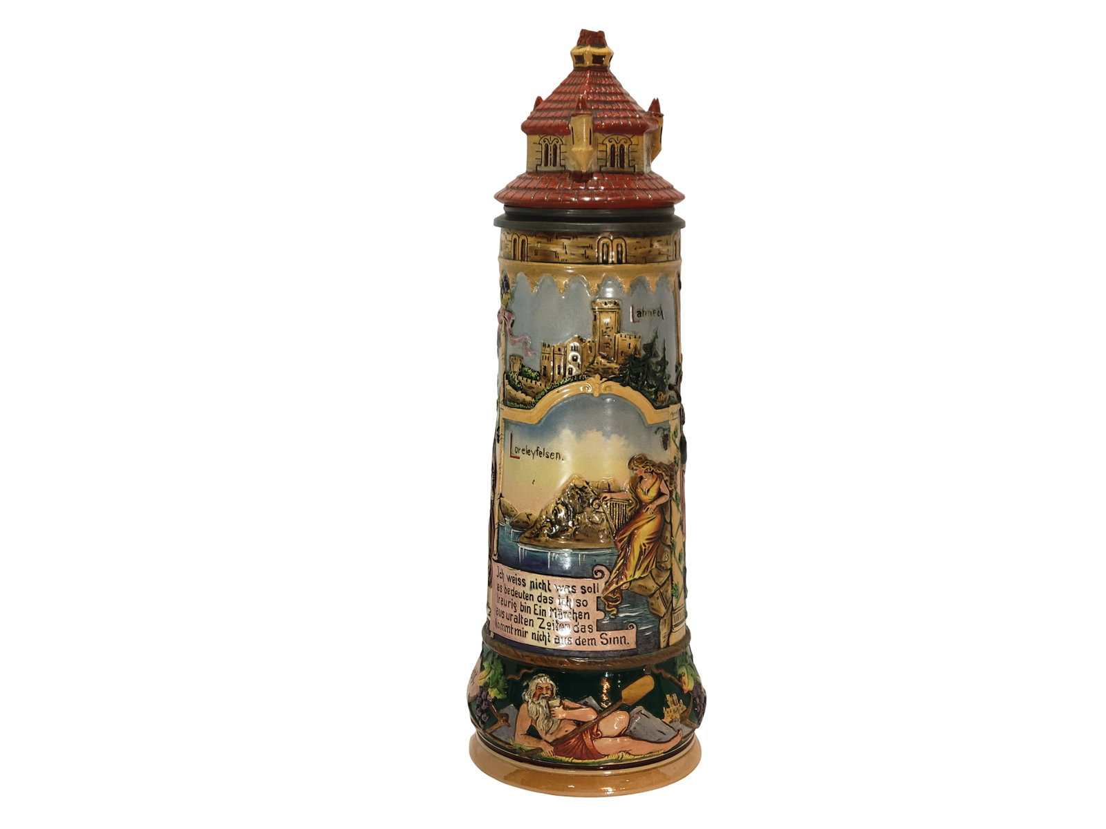Matthias Girmscheid #806, German Beer Stein, Three Rhine Legends: 3.0 Liter pottery in relief in full color with pottery figural lid, signed by KB, Text - Loreley Rock, I don't know what it means that I am so sad, I keep thinking of a fairytale from long ago. The La