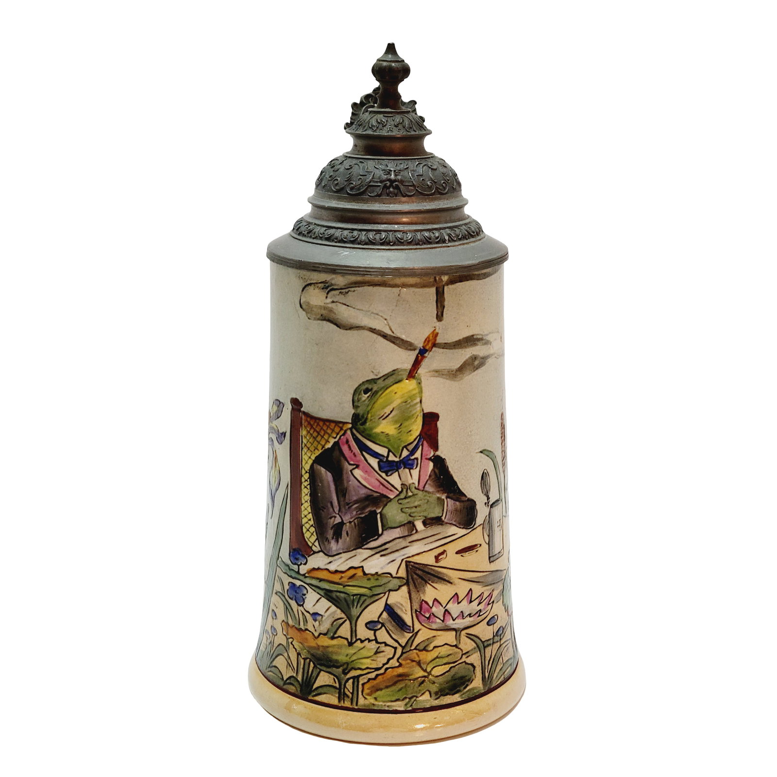 Merkelbach & Wick #1171, German Beer Stein, Frog Smoking Cigar: 1/2 Liter pottery etched with nice pewter lid, uncommon, Text - Only no water, please, no, no I don't like it. My weak stomach cannot take it, circa early 1900