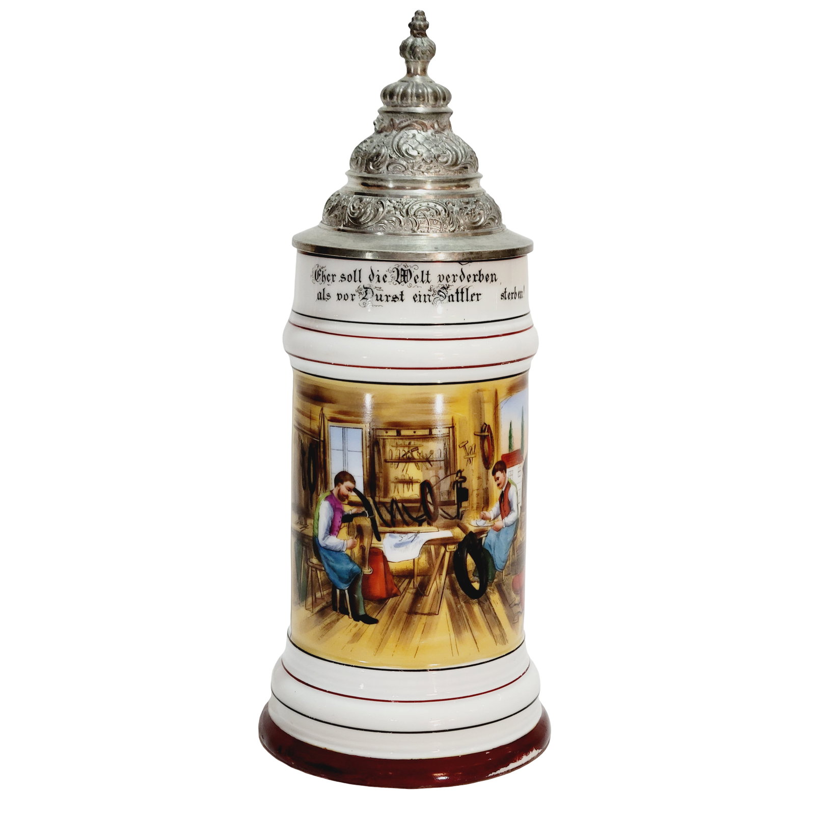 Porcelain Stein, German Beer Stein, Saddler Occupational Stein: 1/2 Liter porcelain hand embellished with nice pewter lid and lithophane, circa 1890's