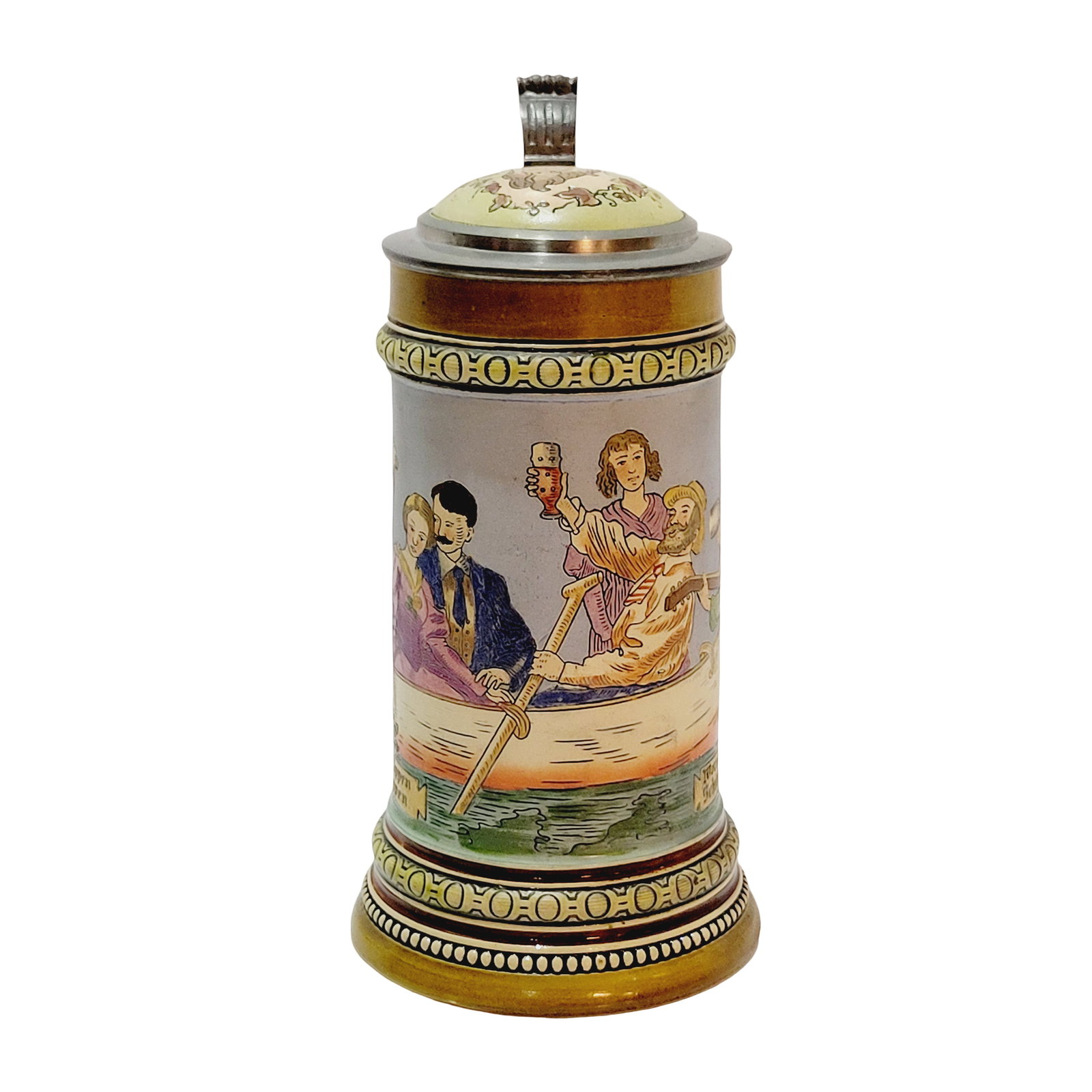 Hauber & Reuther #446, German Beer Stein, Drinkers in a Rowboat: 1/2 Liter pottery etched in full color with pottery etched inlay lid, has a music box base, Text - A beakers rim and lips, two coral reefs, where even clever sailors sometimes fail, circa 1890's