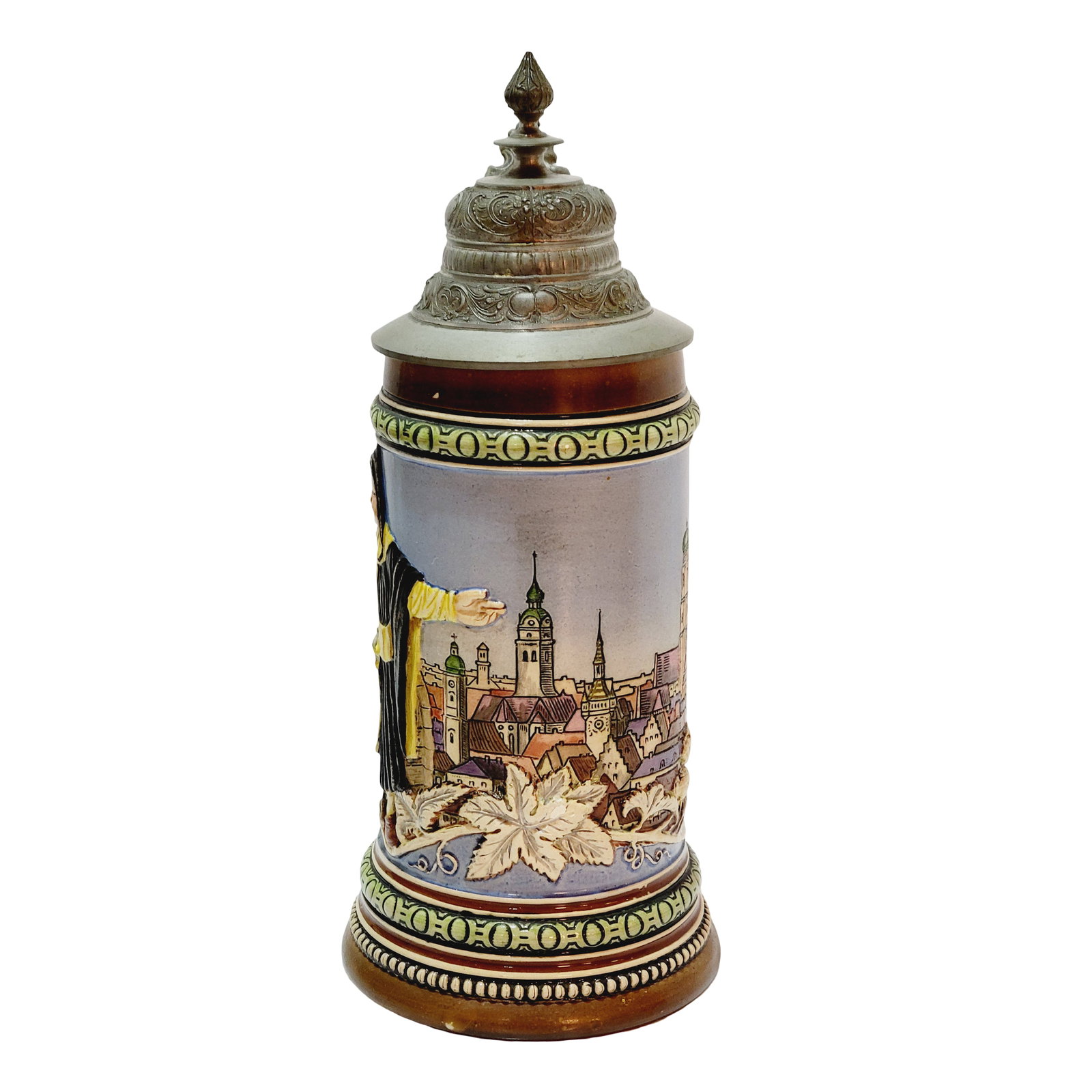 Hauber & Reuther #524, German Beer Stein, Munich Child and Skyline: 1/2 Liter pottery in full color, etched and in relief with nice pewter lid, has a music box base, very nice stein, History - the Munich Child was created as the coat-of-arms or archival seal of Munich