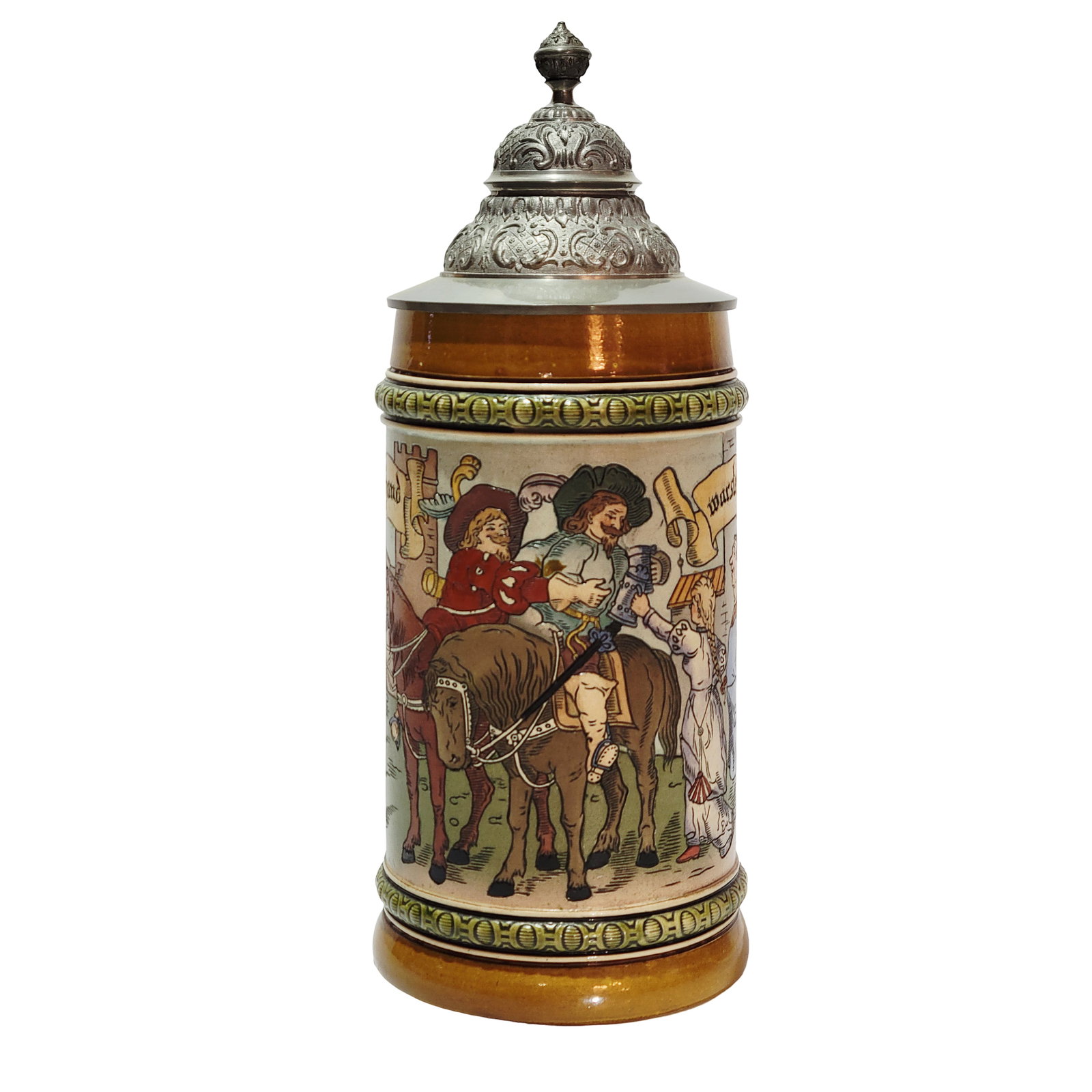 Hauber & Reuther #432, German Beer Stein, Barmaid Serving Mounted Landsknechte (1 of 14)
