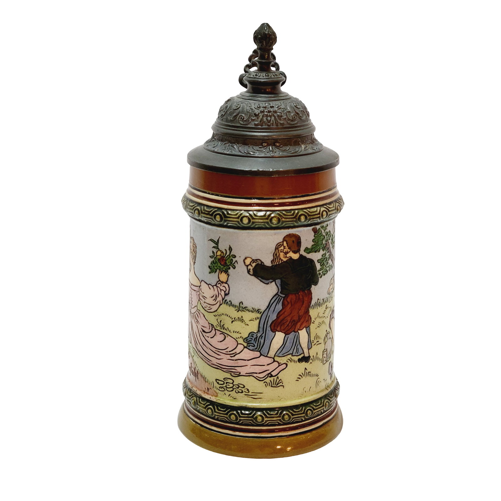 Hauber & Reuther #500, German Beer Stein, Couples and Musician: 1/4 Liter pottery etched with pewter lid, Text - Enjoy life as long as the lamp glows, pick the rose before it is spent, circa 1890's