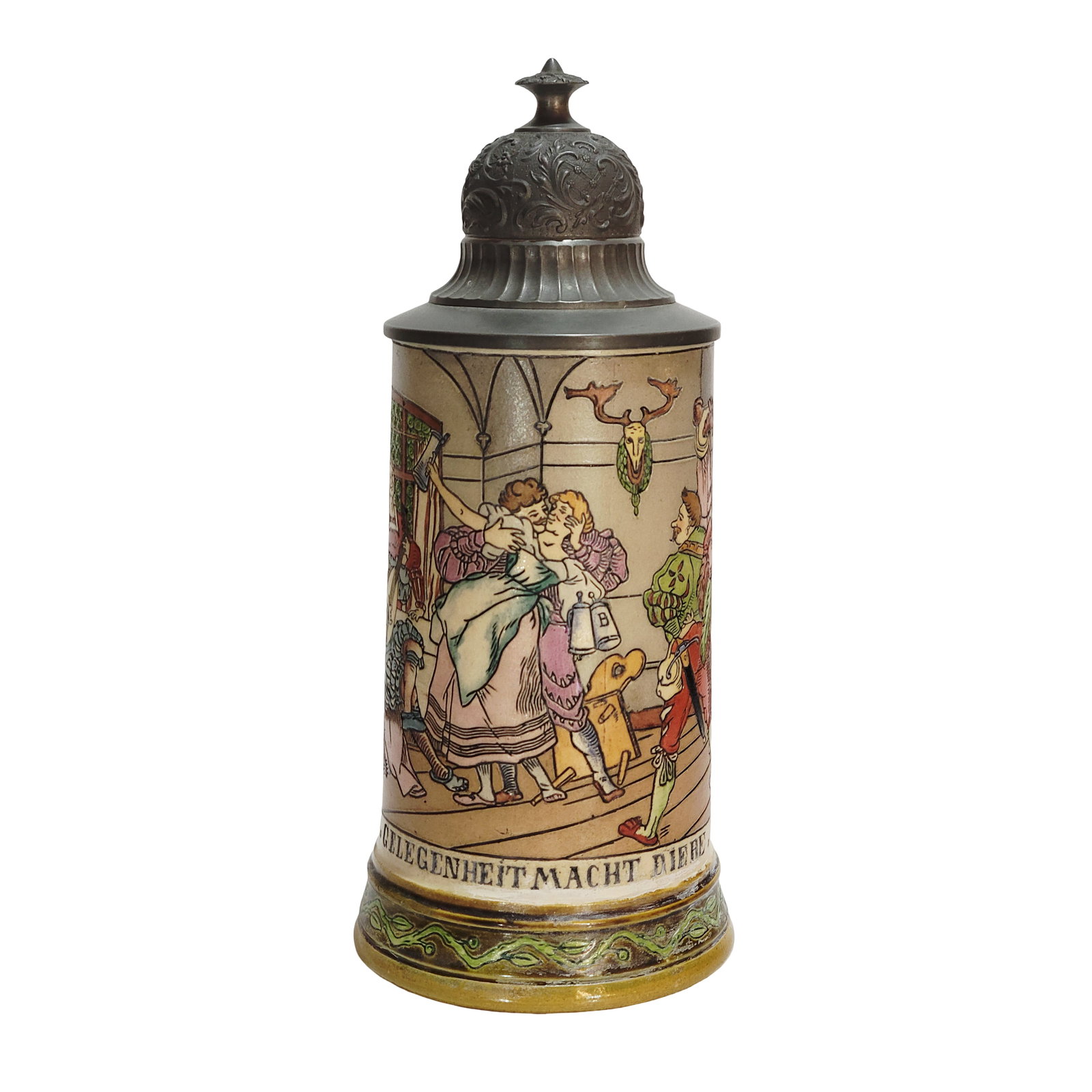 Hauber & Reuther #441, German Beer Stein, Stolen Kiss: 1/2 Liter pottery etched in full color with nice pewter lid, signed by Breindl, Text - Opportunity makes thieves, circa 1890's