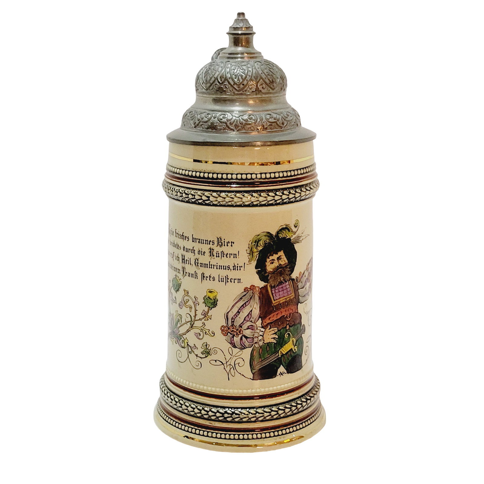Marzi & Remy Stein, German Beer Stein, Landsknecht Raising a Stein with Saying: 1/2 Liter pottery hand embellished transfer with very nice pewter lid, circa late 1890's