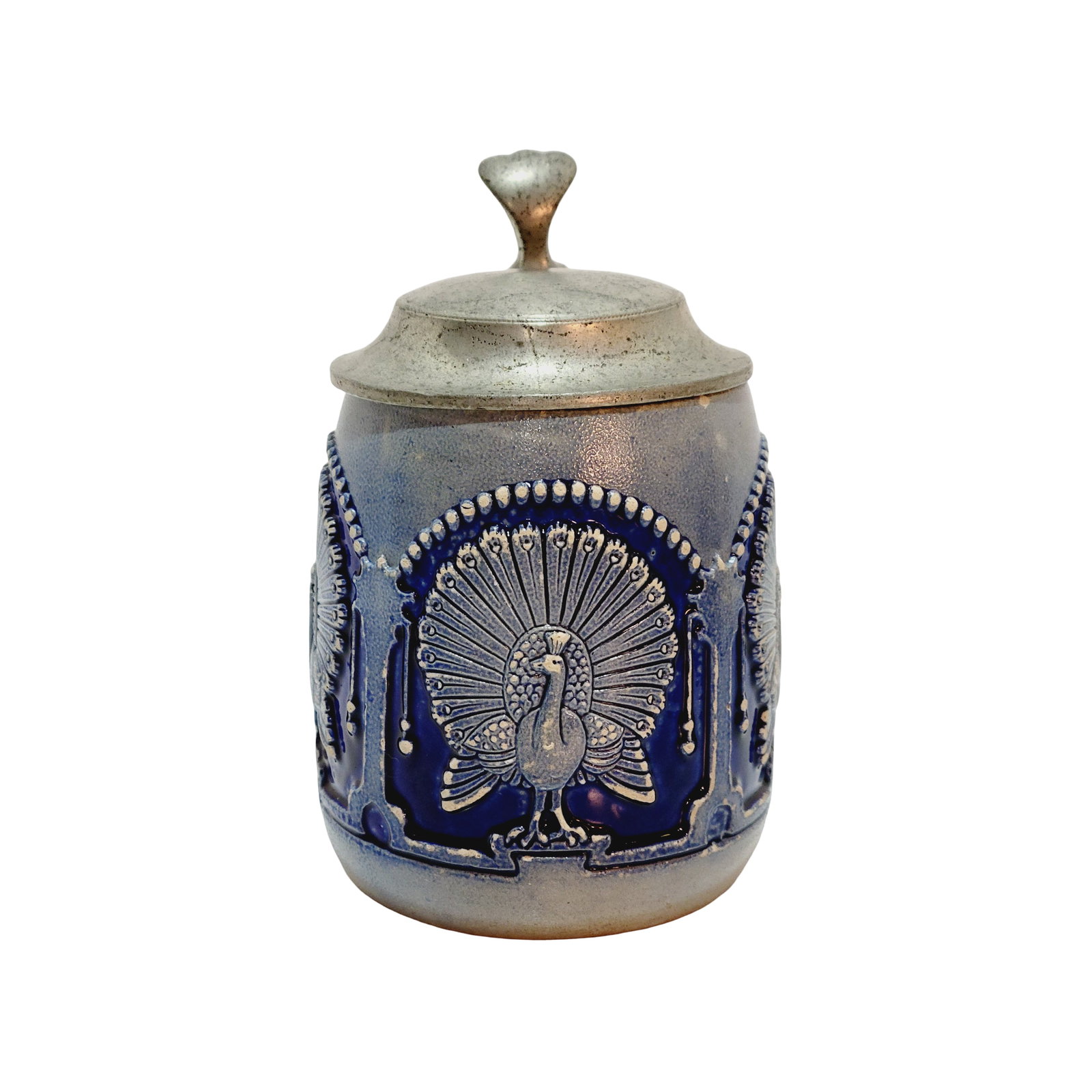 Beer Stein, German Beer Stein, Peacock Stein: 1/2 Liter stoneware blue salt glaze in relief with pewter lid, circa 1900's