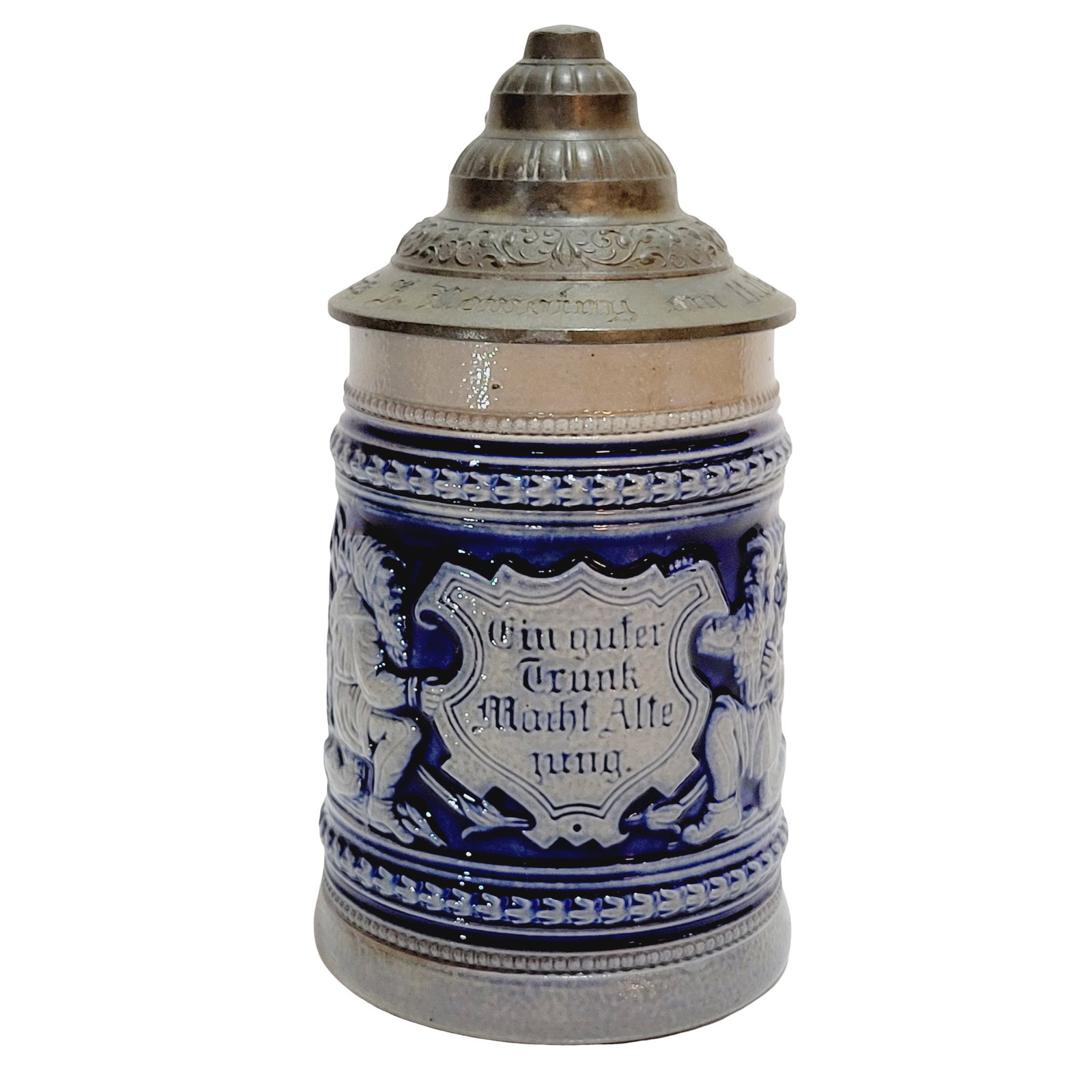 Marzi & Remy #950, German Beer Stein, Gnomes with Saying: 1/2 Liter stoneware blue salt glaze in relief with very nice engraved pewter lid, lid dated 1926, circa early 1900's